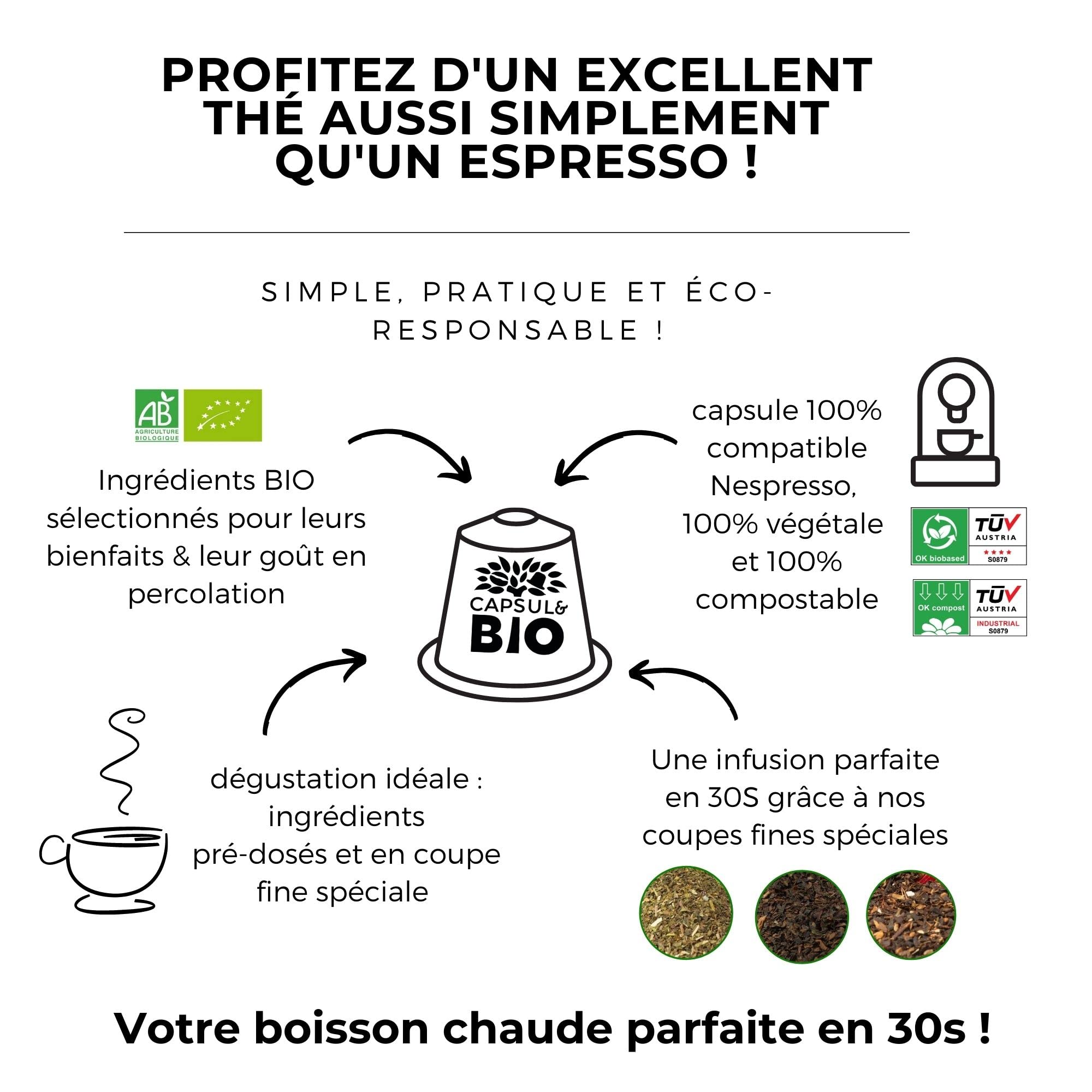 CAPSUL&BIO Té Negro Orgánico Vainilla - Compatible con máquinas de cápsulas Nespresso - Bolsa de 50 cápsulas biodegradables, 100% vegetales, rápido y saludable, fabricado en Francia.