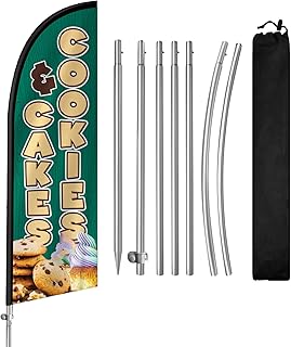 Cookies Cakes Flag for Business, Cookies Cakes 8FT Polyester Advertising Swooper Flag with Aluminium Alloy Flag Pole Kit, Stainless Steel, Ground Spike, Portable Bag