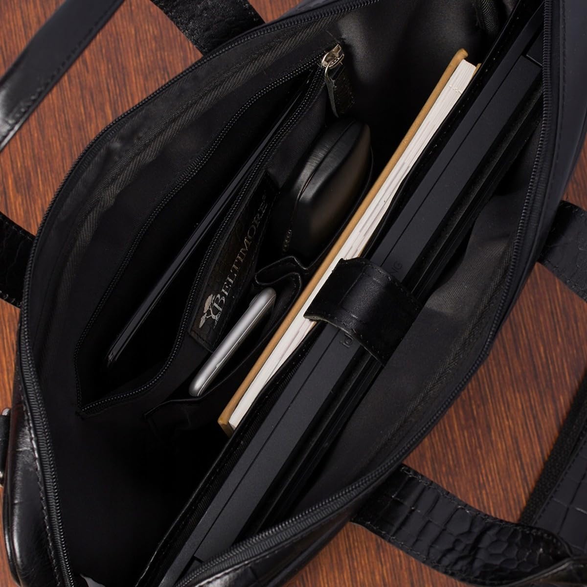 Aktentasche aus Leder Kroko für Laptop 15" 6 schwarz A4