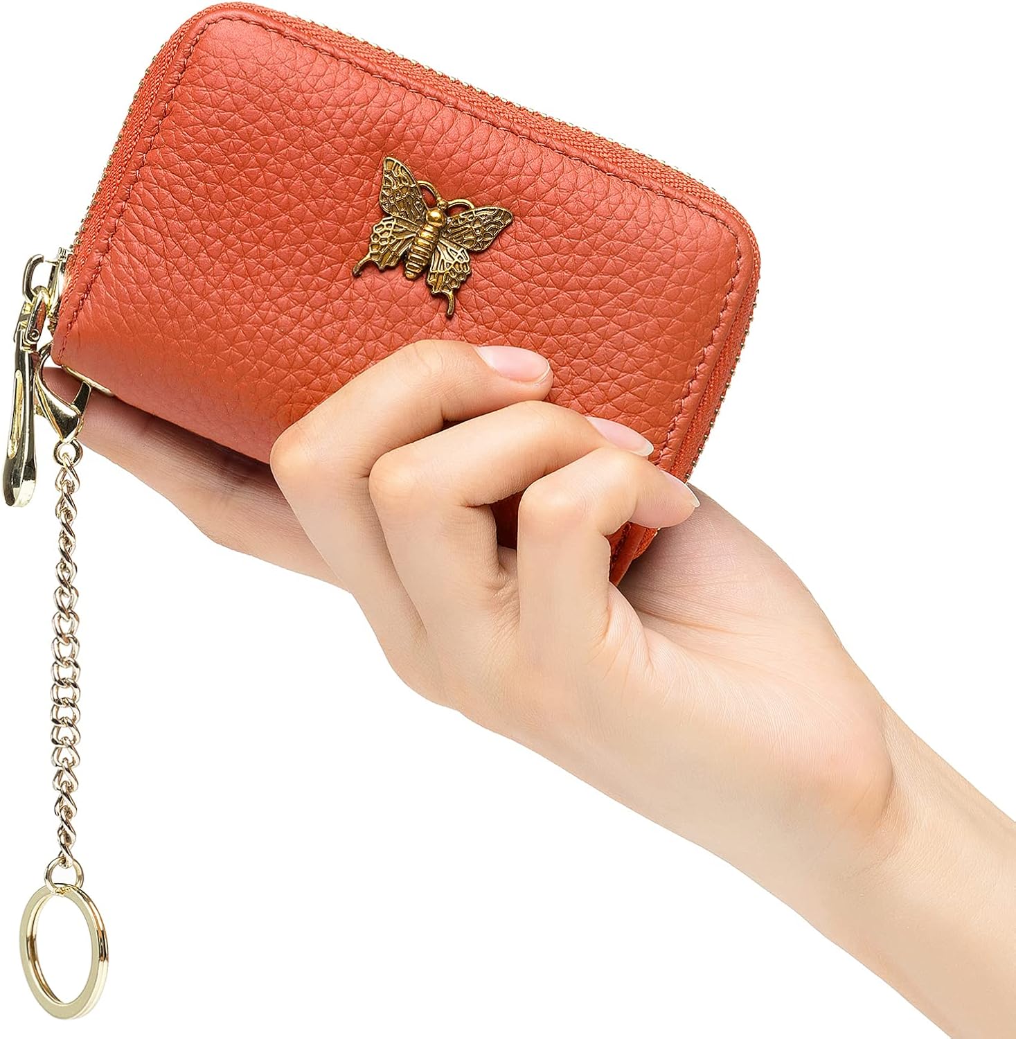 imeetu RFID Credit Card Holder for Women Genuine Leather Card Case Wallet with Zipper and Removable Keychain (Orange) - Image 8