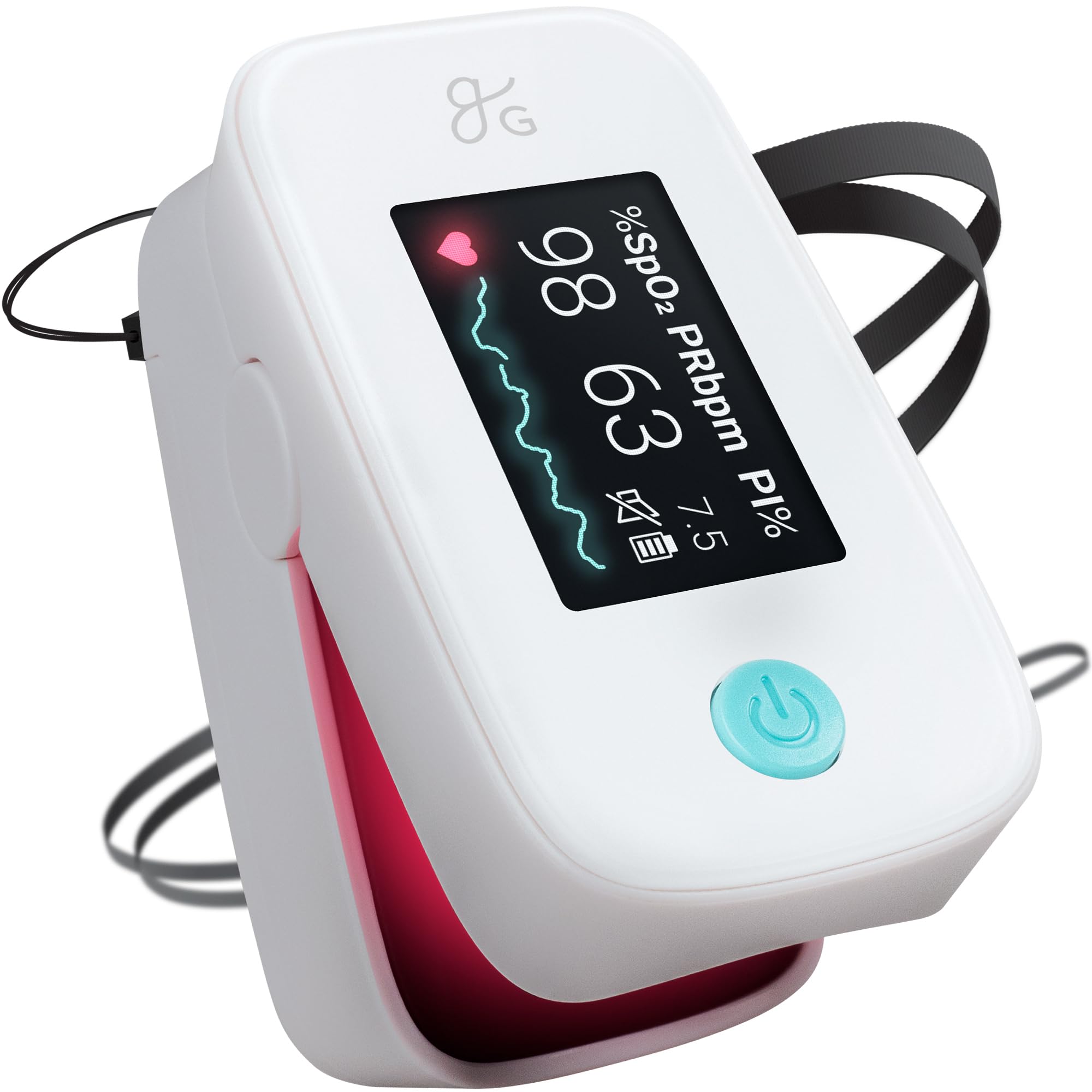 Greater Goods Finger Pulse Oximeter, Blood Oxygen Meter, Measures SpO2, Heart Rate, and PI, Includes Batteries & Lanyard