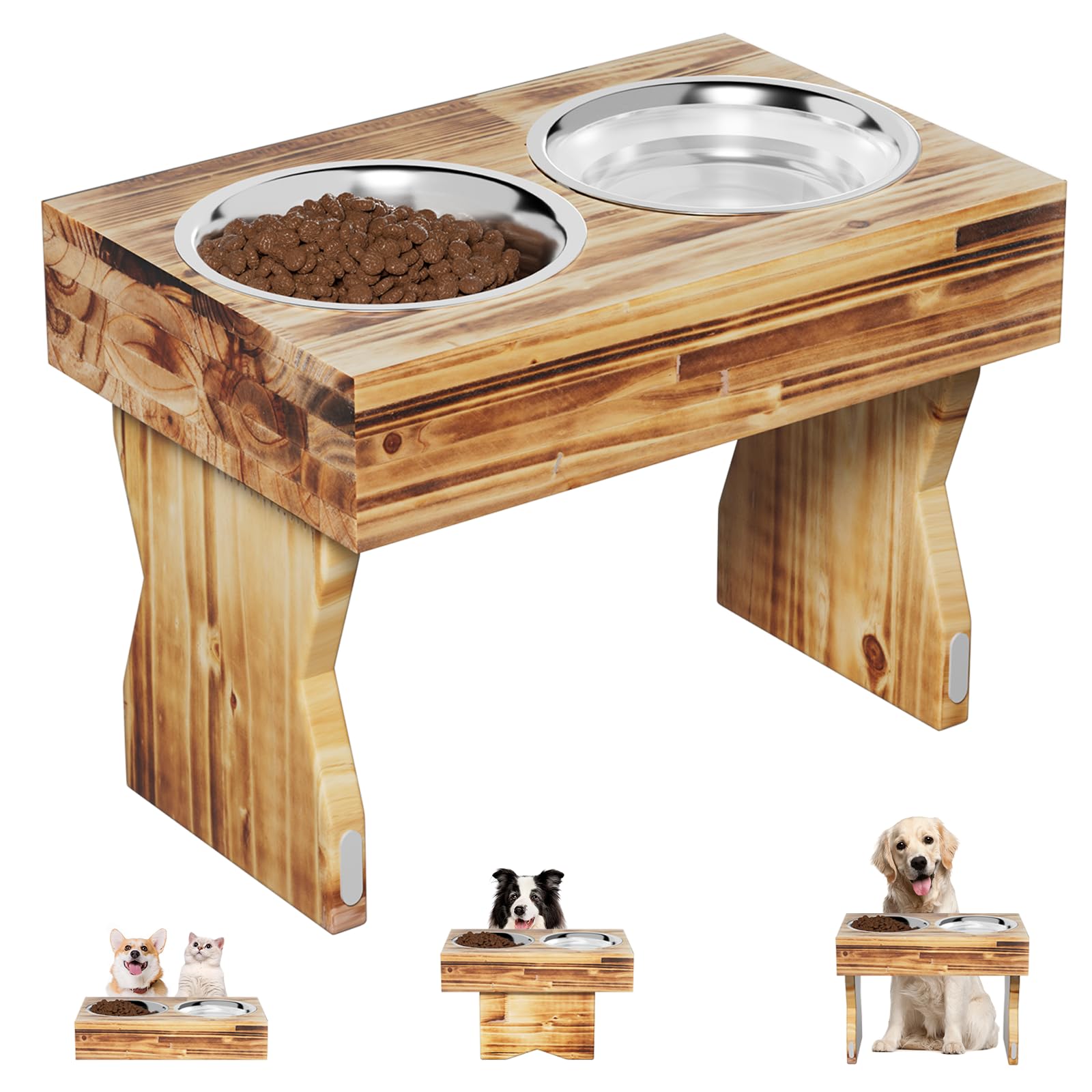 Amener Elevated Dog Bowls Raised Dog Bowl Wood Dog Feeding Station with 2 Stainless Steel 29oz Bowls 3 Height Adjustable Dog Food Bowl Stand for Medium Small Dogs and Cats Non-Slip Pet Feeder