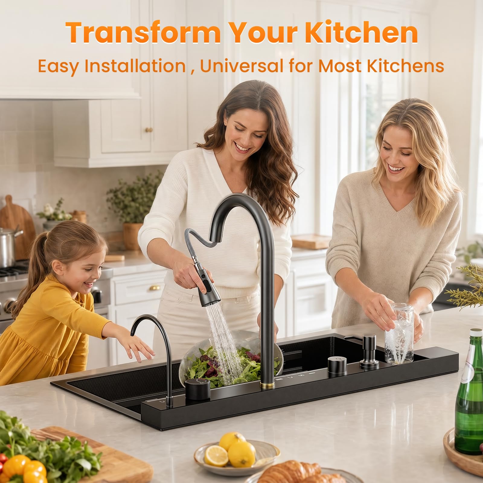 Fregadero de cocina, fregadero 1 cuenco, fregadero de cocina, fregadero de cocina con sifón, rebosadero y desagüe, cascada moderna multifuncional con juego de accesorios, 80 x 45 x 23 cm