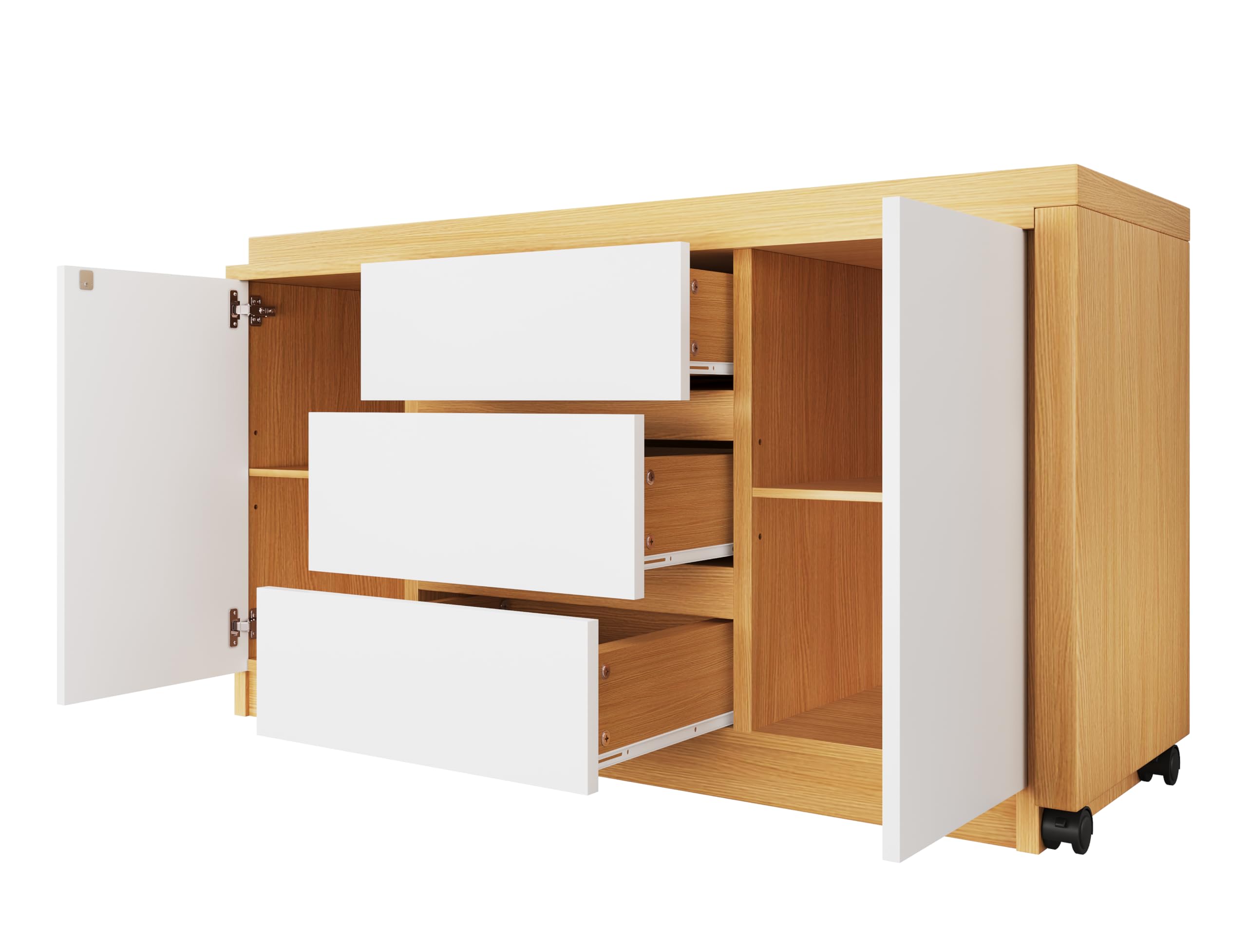 Scrivania con ruote bloccabili, design multifunzionale, 4 cm di spessore, piano girevole bloccabile, scrivania pieghevole, scrivania angolare, credenza (legno + bianco)