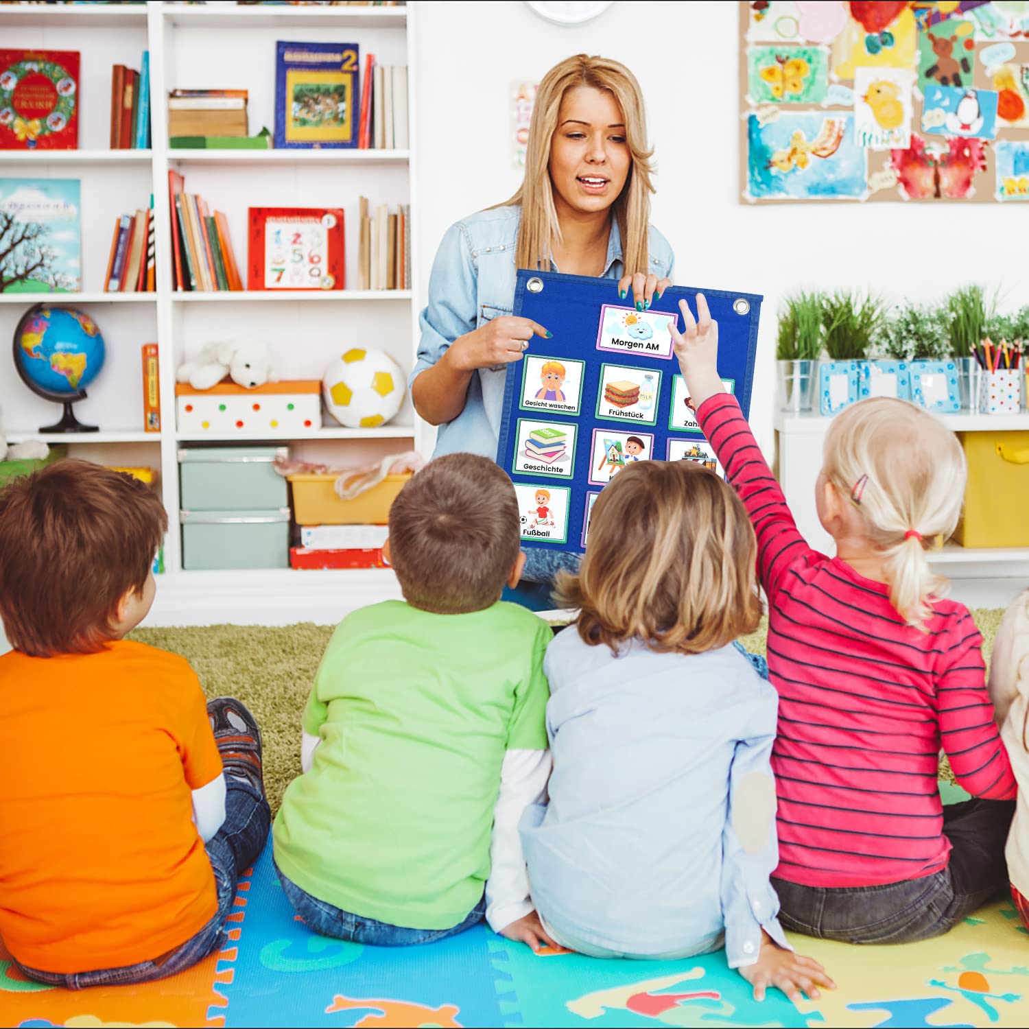 KIKIGOAL Kalender Kinder, Autismus Kinder Kalender Visueller Zeitplan mit 70-Stück deutsche Routine Karten und Klettverschluss Punkte, Vision Board Wochenplaner Routine Zeitplan Karten für Home School