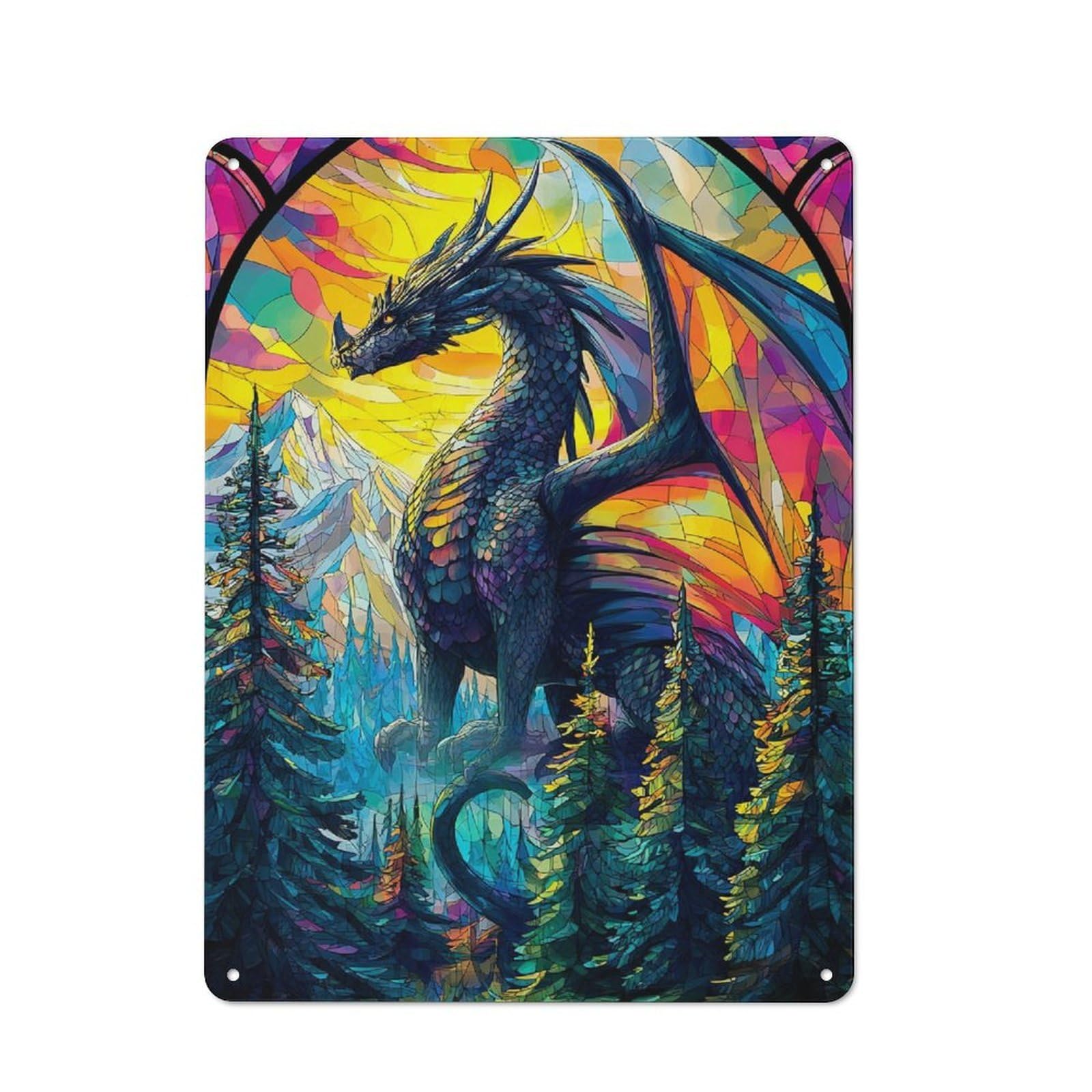 Junmoney Stained Glass Dragon Majesty -2 Printed Metal Sign 40X30cm For Home Office Or Studio, For Winter Room Styling In Home Office And Studio