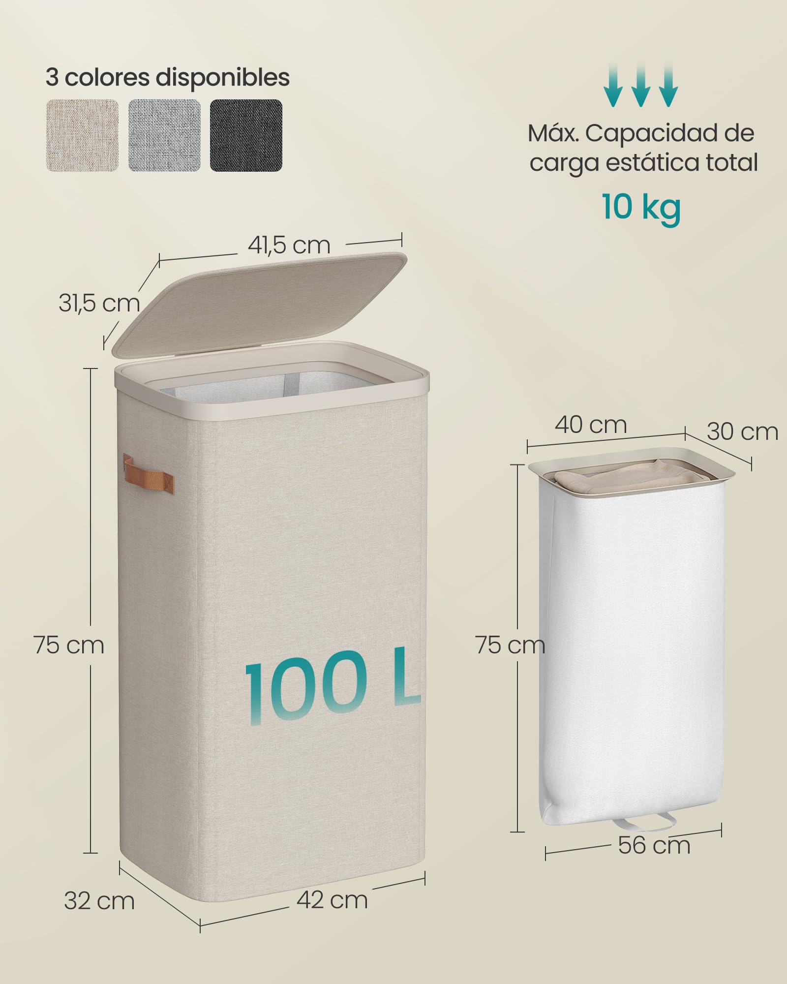 SONGMICS Cesto para la Ropa Sucia, Bolsa de Basura de 100 L, Fácil Montaje, con Asas para la Tapa, Bolsa Interior Extraíble, 42 x 32 x 75 cm, Beige Capuchino LCB811LH01
