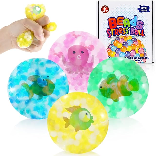Fidget Stress Ball Pack 4pcs, Water Beads Squishy Balls Fish Inside Toys for Kids and Adults, Squeeze Balls for Children and Toddler, Sensory Stress Relief Soft Balls for Autism Special Needs ADHD