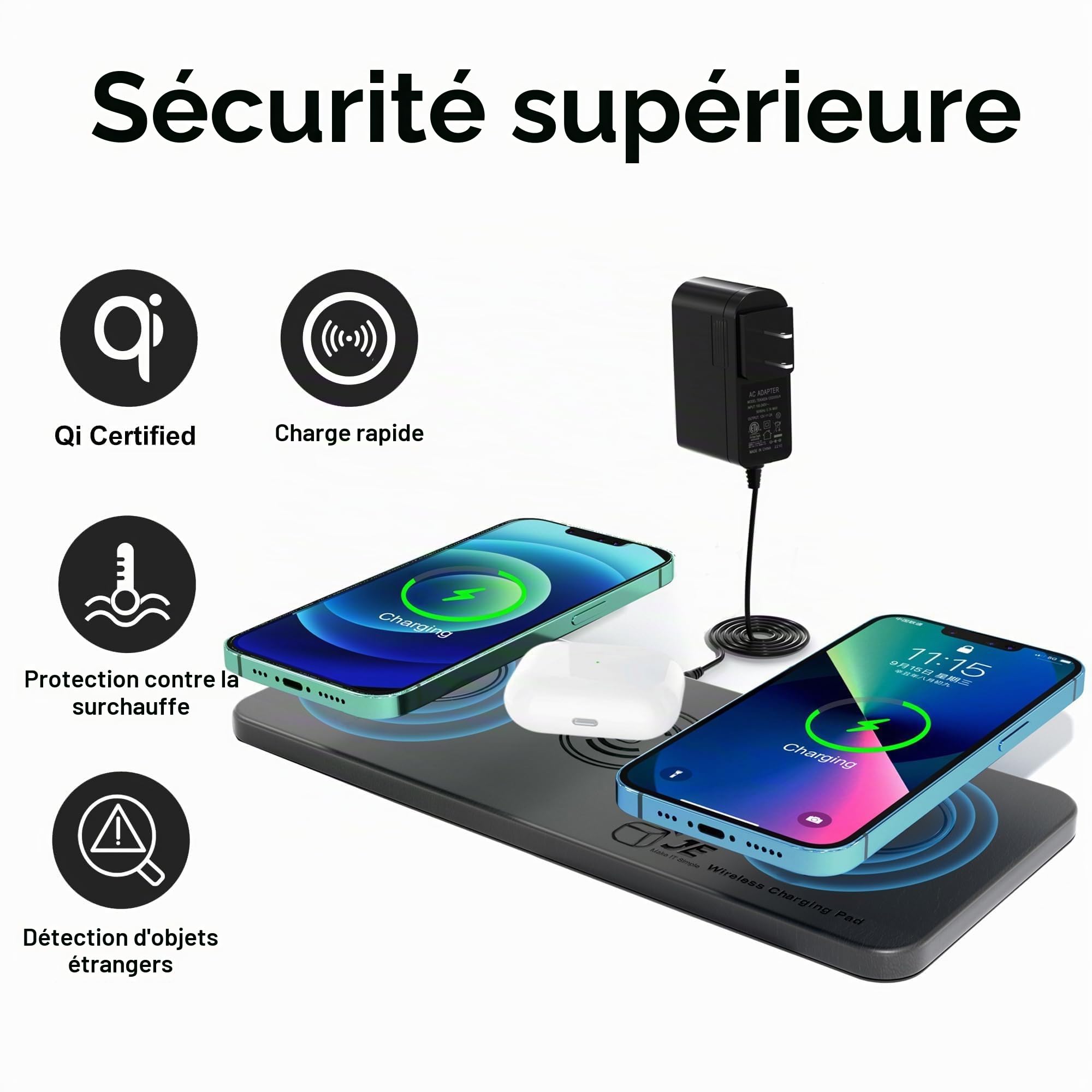 Chargeur Induction 3 en 1, Je 15W Wireless Charger Pad for iPhone 16/15/14/13/12/Pro/Max/Plus, AirPods 3/2 Pro, Station de Charge Maison/Bureau Chargement sans Fil(‎Noir)