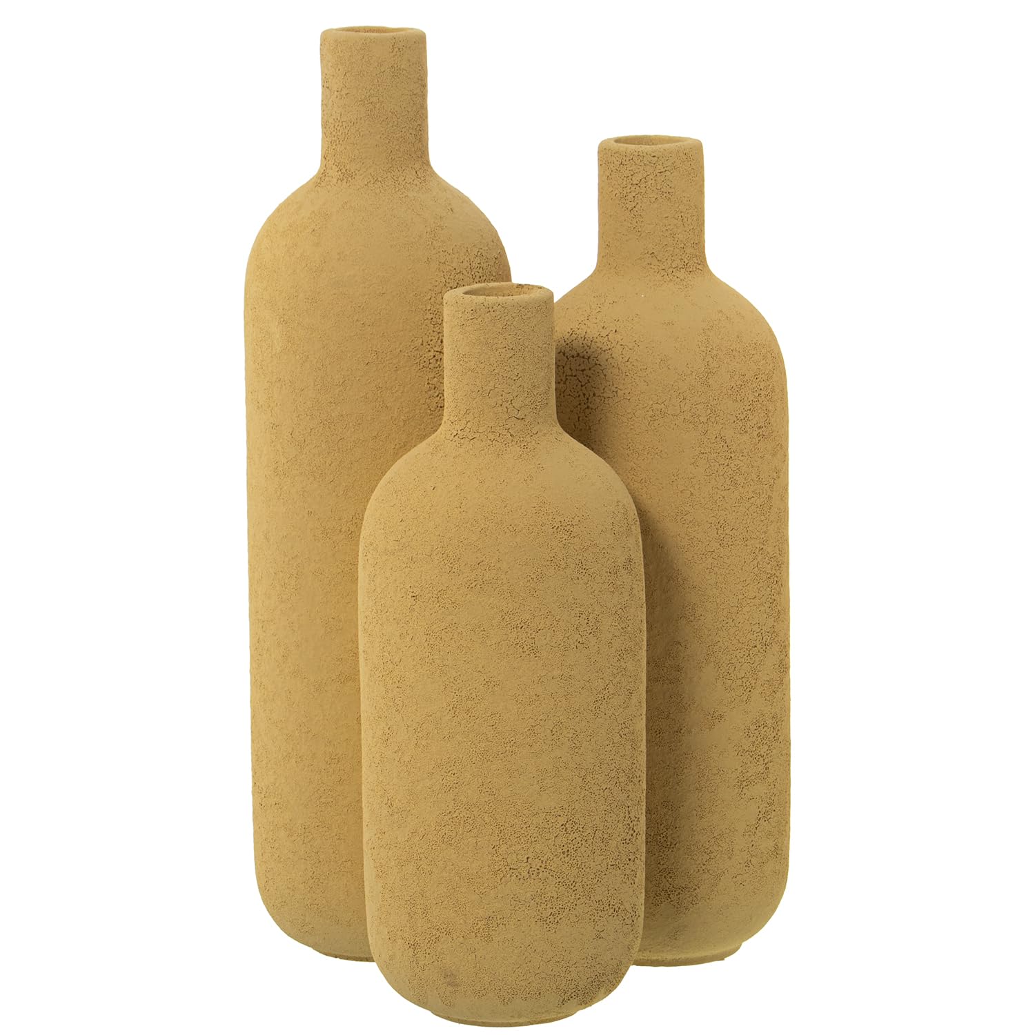 Vase triple bouteille céramique jaune texture sable grand format 30cm soliflore design