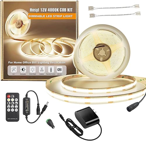 Kit de tira de luz LED COB regulable con control remoto RF y fuente de alimentación UL12v, CRI 93+ flexible cortable 4000K tira de luz blanca