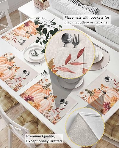 Miniatura 2 de Juego de 4 manteles individuales de mesa de calabaza rosa para mesa de comedor, tela de lino de algodón con bolsillo, arpillera cuadrada,