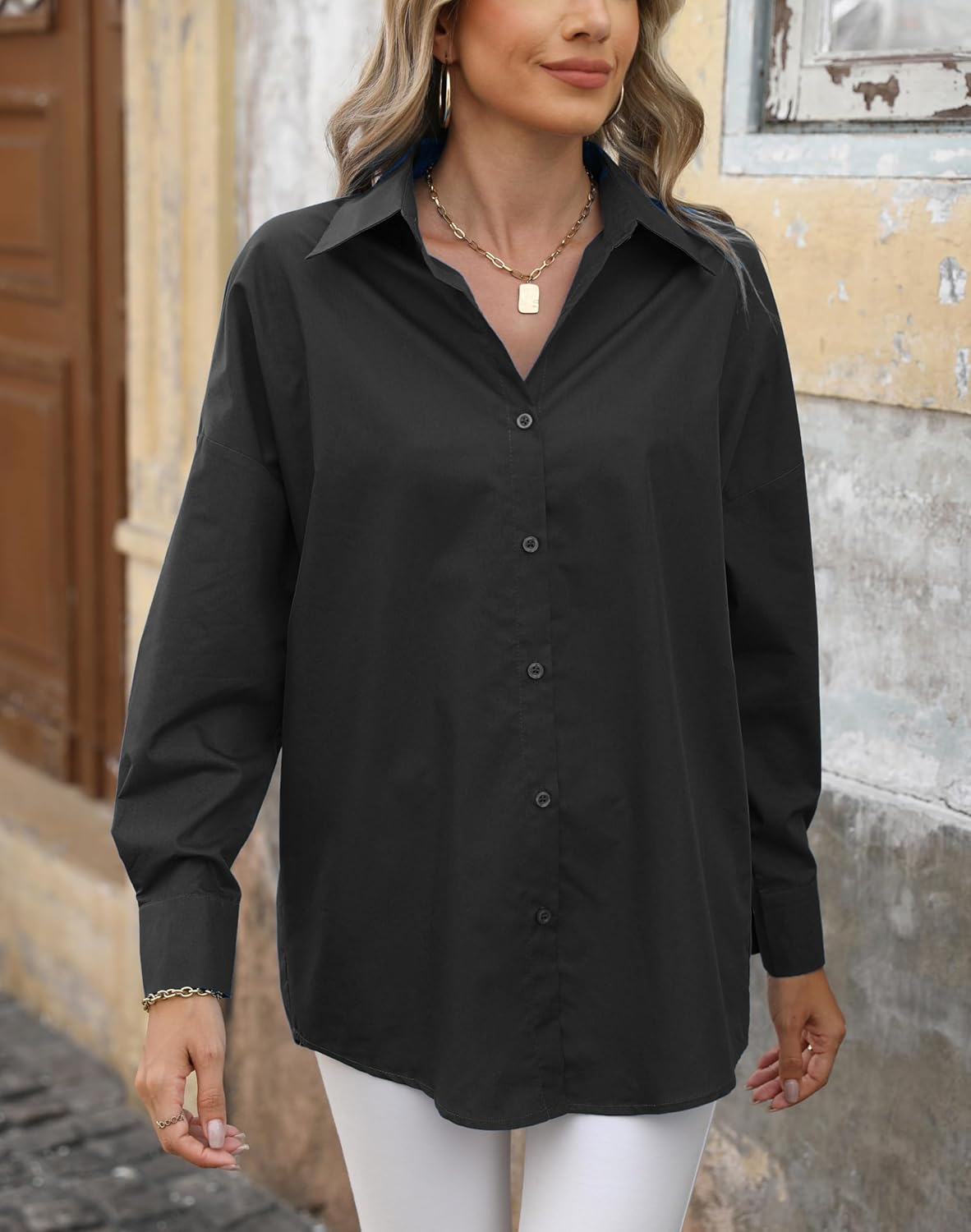 Atnlewhi Womens Oversized Button Down Shirts Casual Work Long Sleeve Boyfriend Blouse Dressy Summer Tops - Image 6