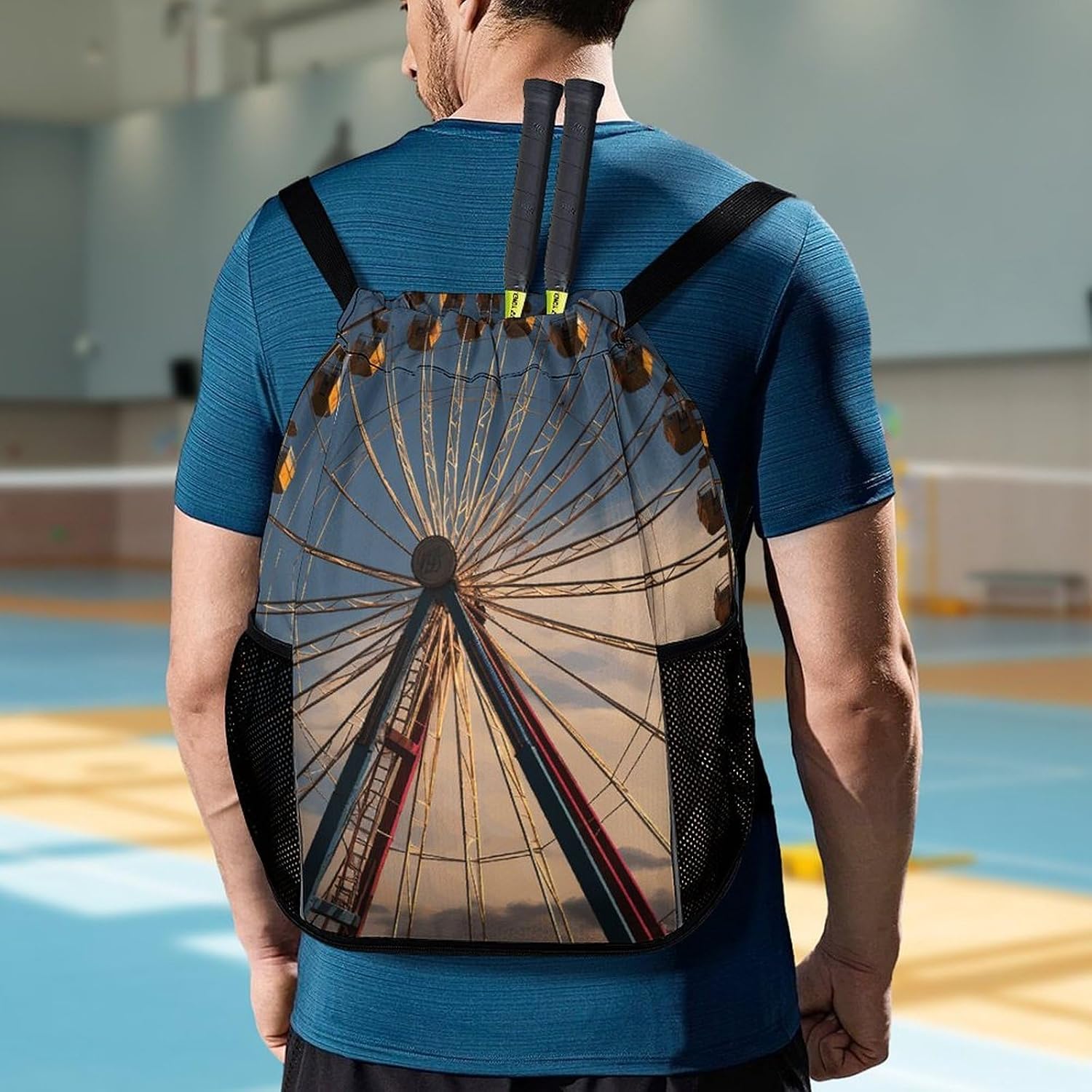 Ferris Wheel Drawstring Backpack with Wet Pocket - Large Capacity Gym Bag with Shoe Compartment & Mesh Pockets, Adjustable Lightweight Gym Backpack for Swimming, Travel, Workout