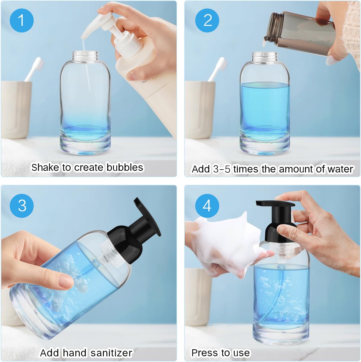 350ml 2Pcs Premium Glass Foam Pump Bottles Travel Foaming Dispenser for Body Wash,Shampoo,Toiletries,Dish Liquid Soap