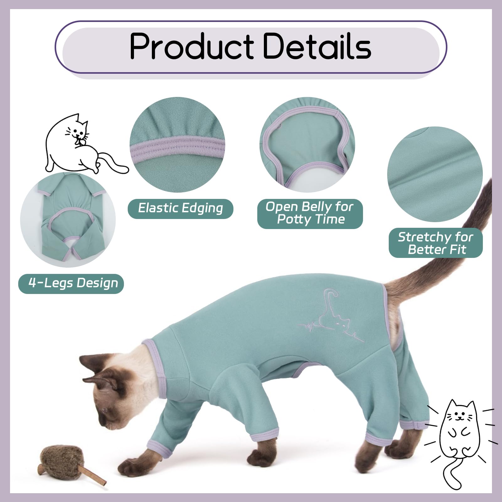Cat Onesie, Cat Jackets for Cats Only Coat to Stop Overgrooming Recovery Suit Surgery Suit(Bean Green, XL) - Image 4