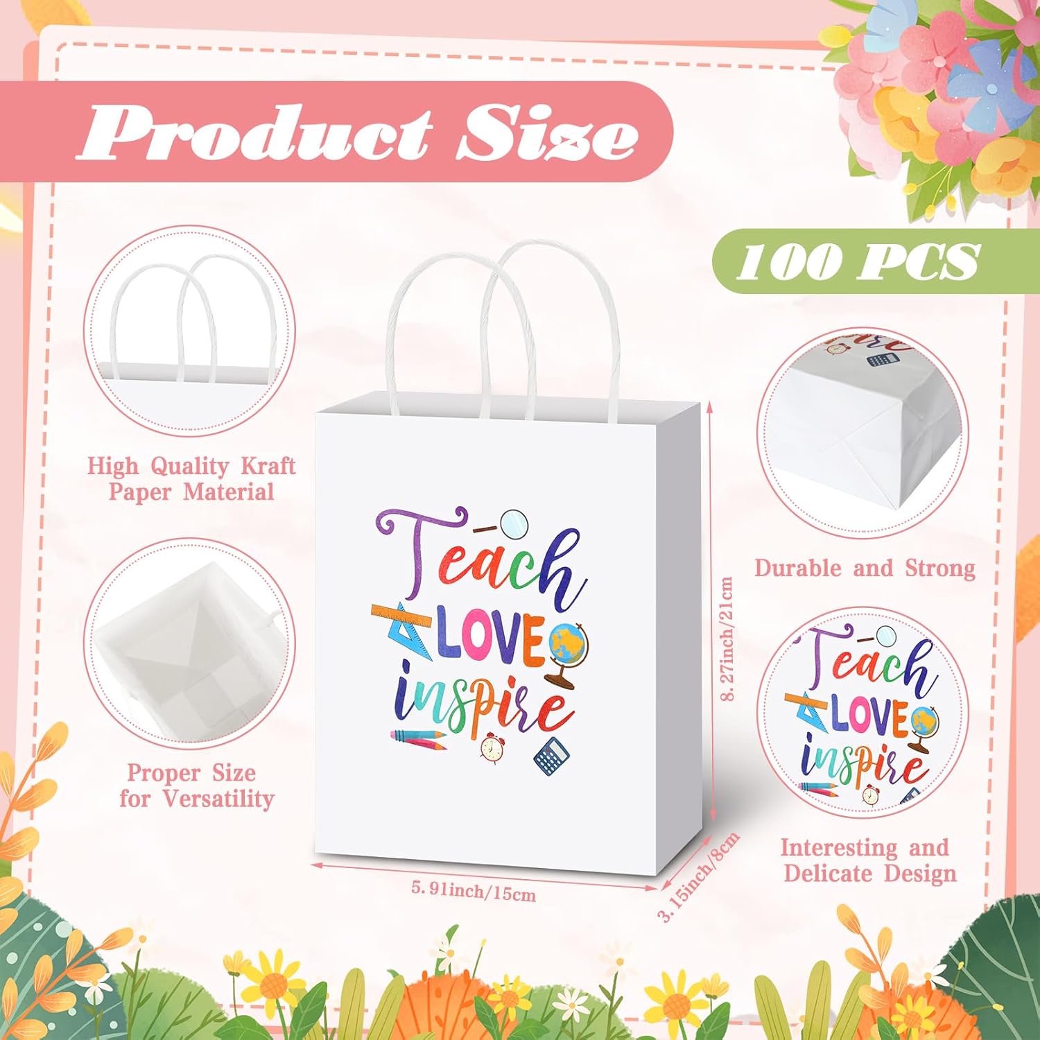 Teling 100 Pcs Teacher Appreciation Gifts Bags Bulk love teach Kraft Paper Thank You Wrap Gift Bags with Handles for Graduation Party Employee teachers Day, 5.9 x 8.3 x 3.2 Inches
