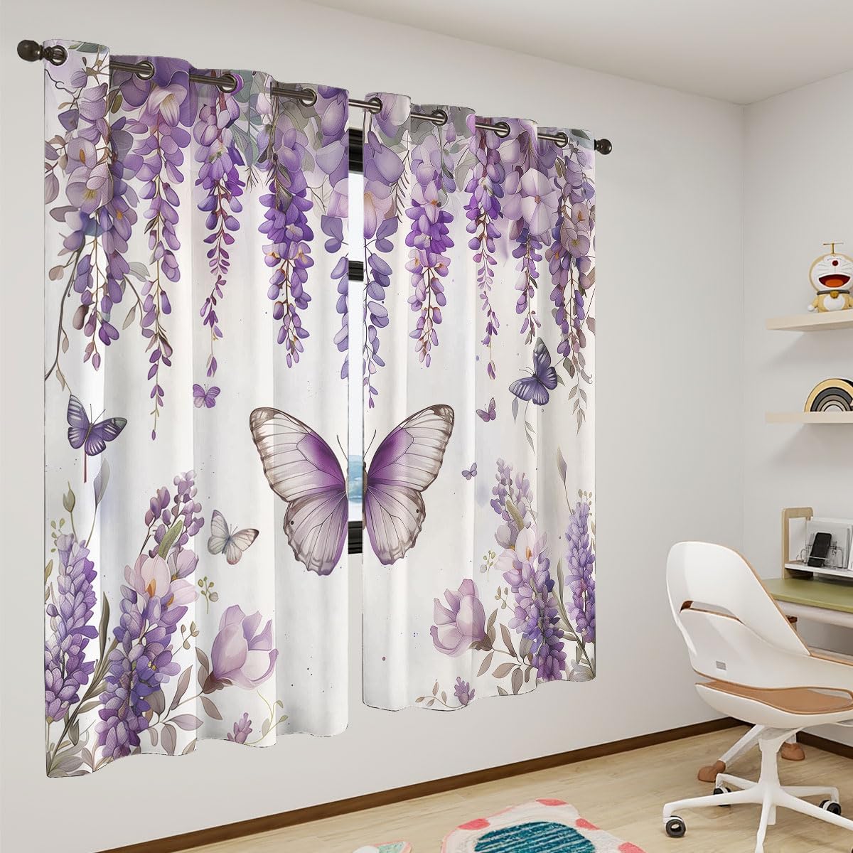 Purple Butterfly Blackout Curtains for Girls Boy Home Decor, Spring Floral Lavender Lilac Summer Grommet Thermal Insulated Drapes Darkening Window Curtain for Bedroom Living Room, 42 x 63 Inch