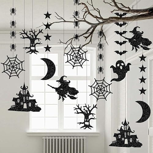Guirnalda colgante de Halloween con purpurina negra, paquete de 18 unidades, tela de araña, bruja, murciélago, casa encantada, árbol espeluznante,
