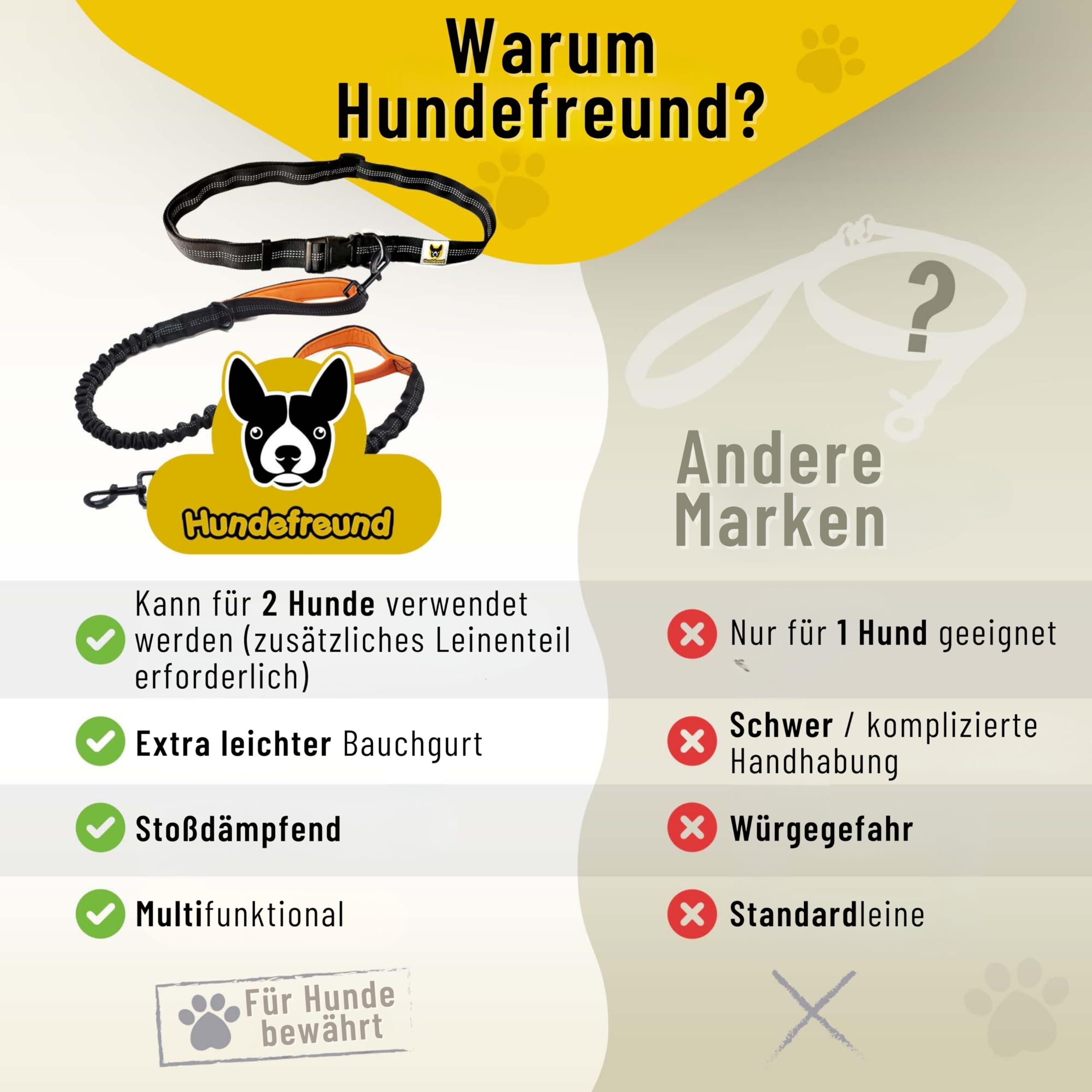 Hundefreund Joggingleine für große Hunde ab 15 kg | Elastische Freihandleine mit leichtem Bauchgurt | Abnehmbare Hundeleine mit 2 weichen Schlaufen | Orange Laufleine (120 cm, dehnbar bis 170 cm)