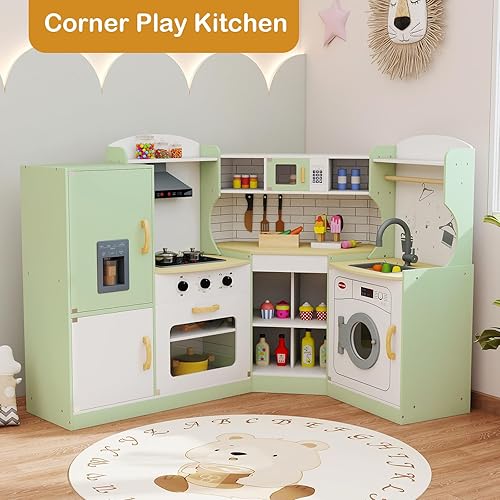 Miniatura 8 de Juego de cocina de juguete de esquina con juego de chef, juego de cocina para niños pequeños con máquina de hielo, lavadora, microondas, fregadero,
