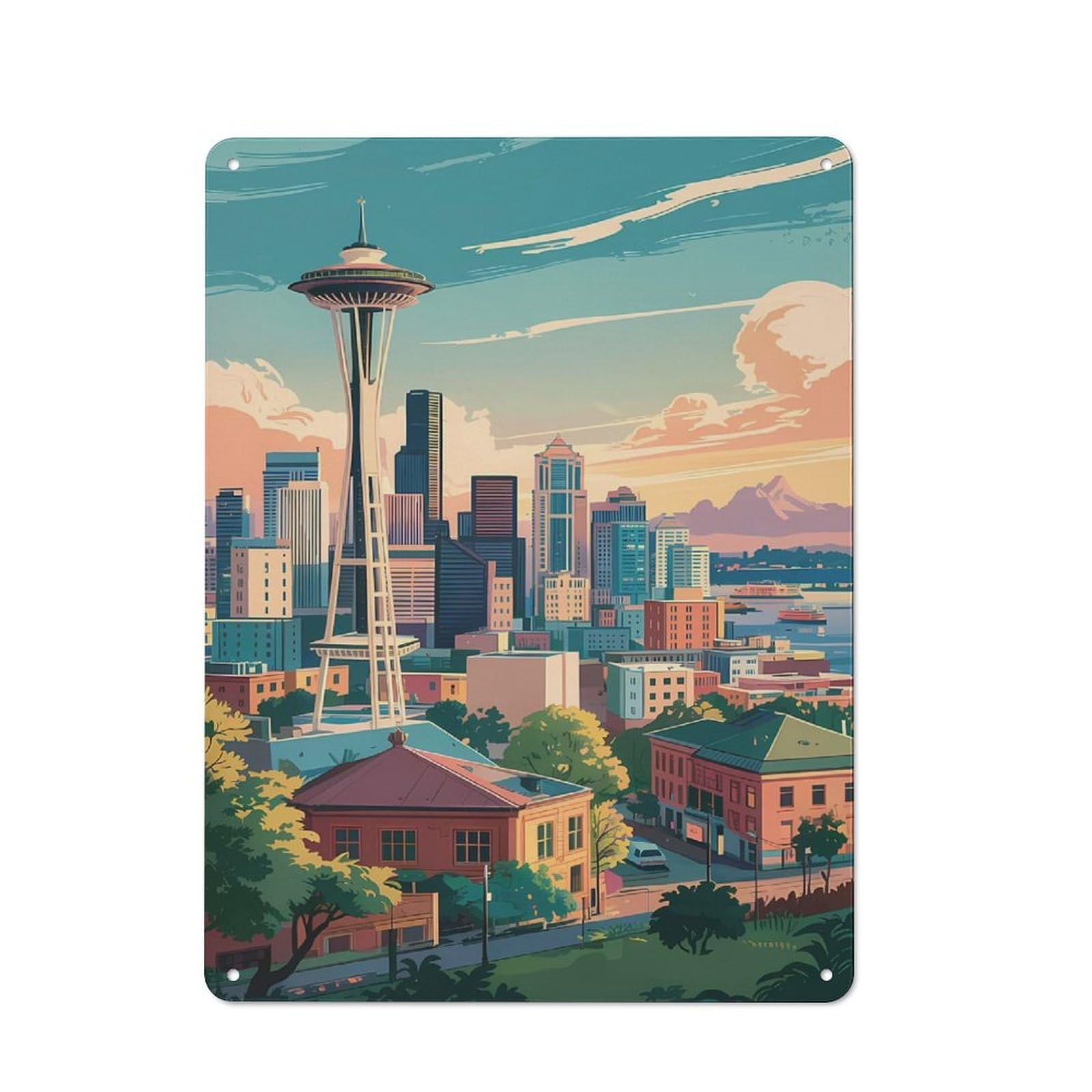 Junmoney Style-15 Metal Plaque With Seattle Skyline With Space Needle Design 40X30cm, Rustic Cafe Wall Decor For Restaurant, Kitchen, Counter Or Breakfast Nook