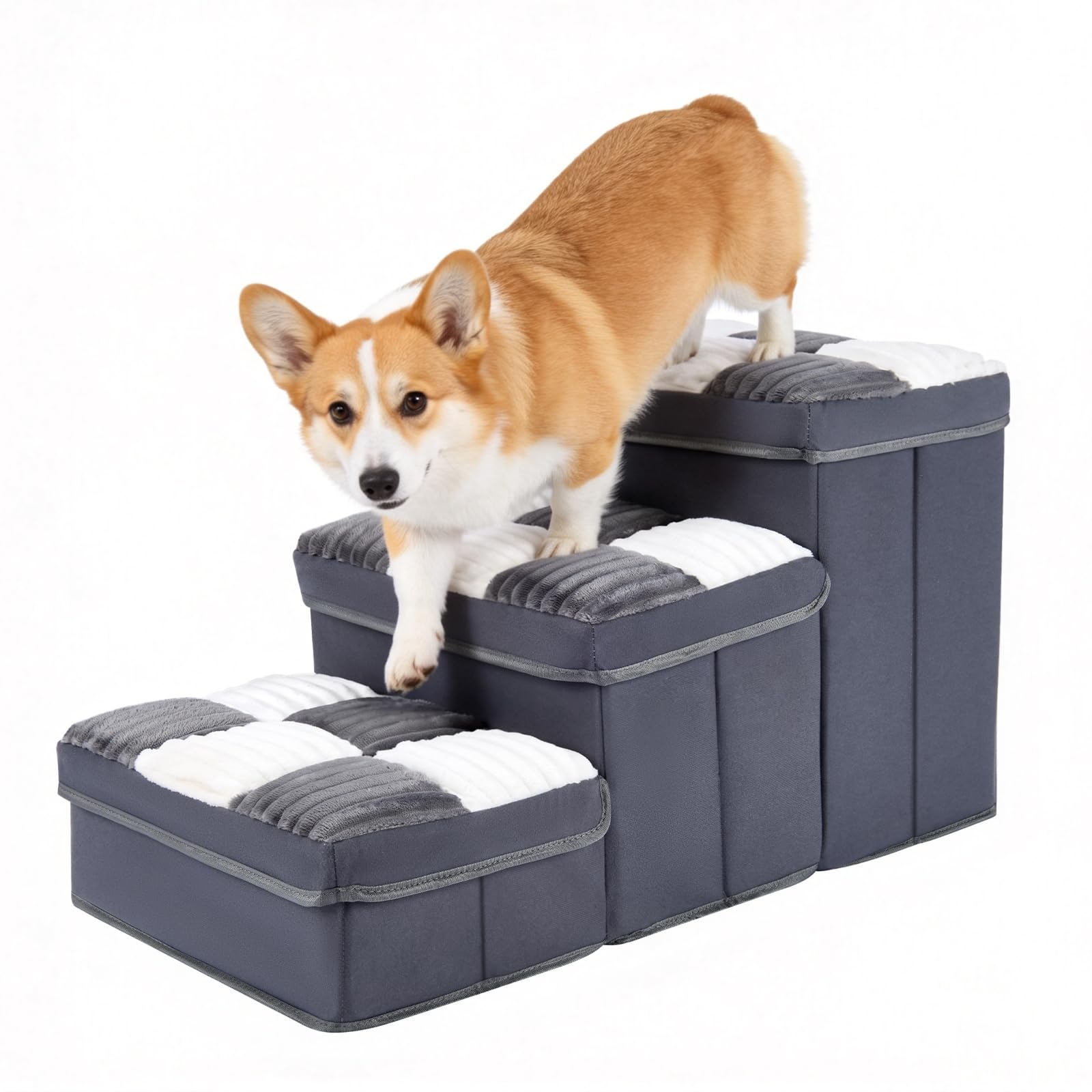 Photo 1 of 15.4''Dog Stair with Storage, Foldable Dog Steps for Bed with Soft Cover, Lightweight,3-Step Pet Stairs up to 70LBS, Non-Slip Puppy Stairs for Small Medium Dogs Puppy, Cats(Grey)