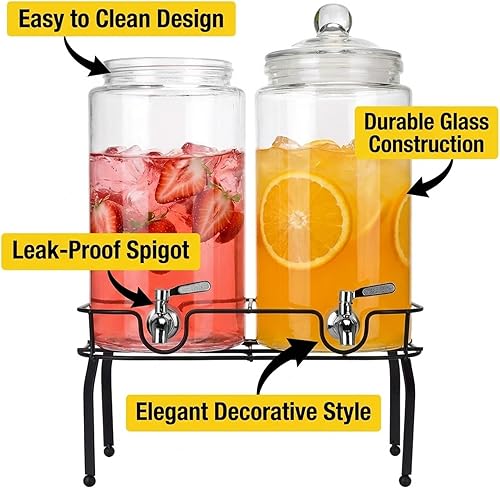 Miniatura 6 de Juego de 2 dispensadores de bebidas de vidrio de 1.5 galones, dispensadores de bebidas para fiestas, dispensador de bebidas con soporte y tapa de