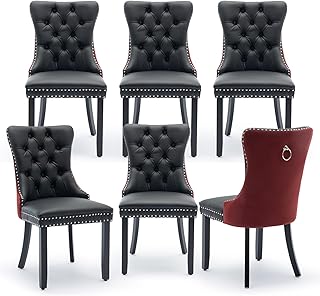 PU and Velvet Dining Chairs Set of 6 Upholstered Tufted Dining Room Chair Kitchen Side Chairs with Nailhead Trim and Wood Legs for Dining Room, Restaurant(Black&Wine Red)