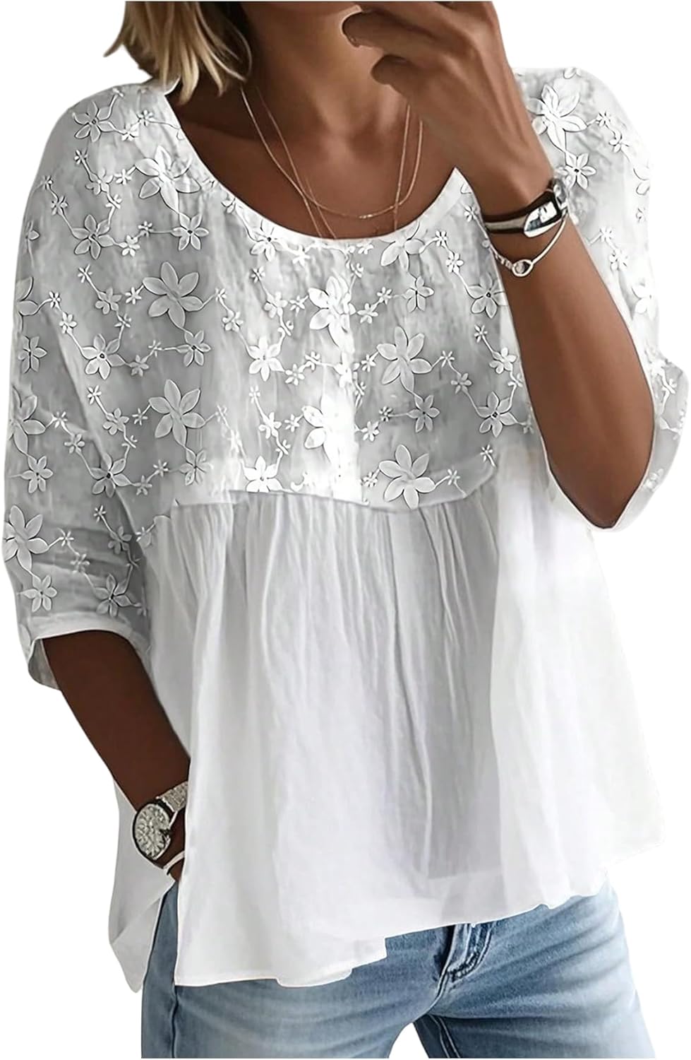 GORGLITTER Women's Embroidered Boho Babydoll Tops Floral 3/4 Sleeve Peplum Blouses Fall Fashion 2025