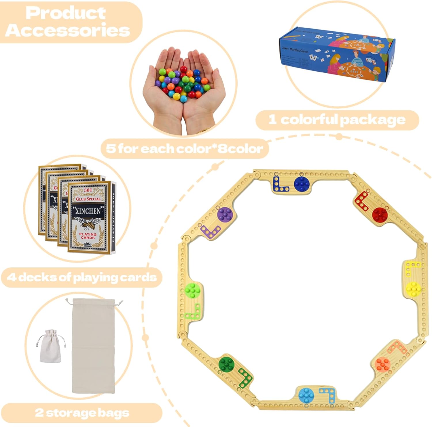 Jokers and Marbles Board Game - Wooden Travel Game for 2-8 Players，Card and Marble Game,with 8 Game Boards 4 Cards 40 Marble - for Travel & Parties and Family Nights