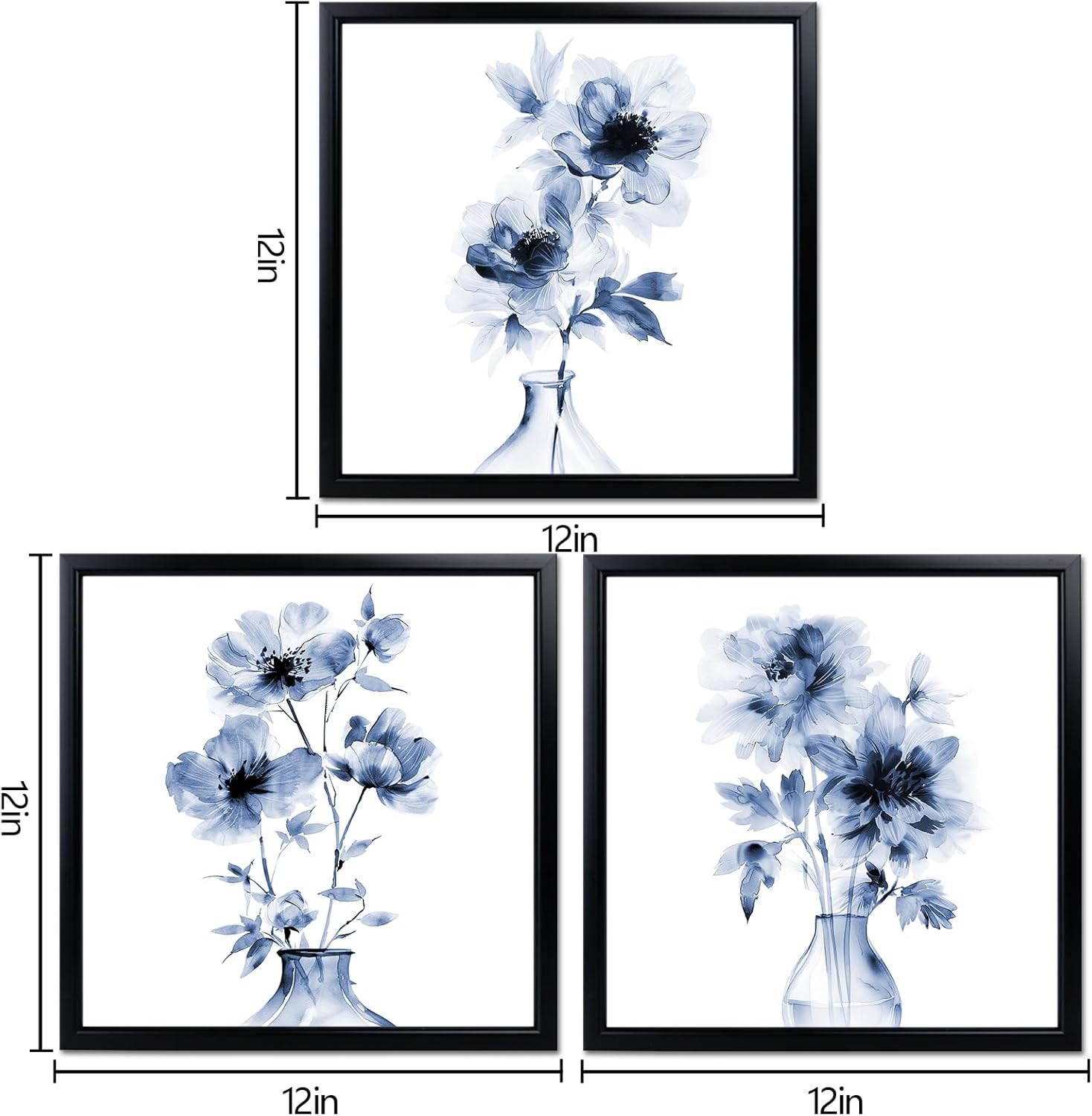 HOMEOART Floral Prints Bathroom Wall Art Meditation Zen Bathroom Decor Picture, Set of 3, Black Frame 12x12 inch (Blue)