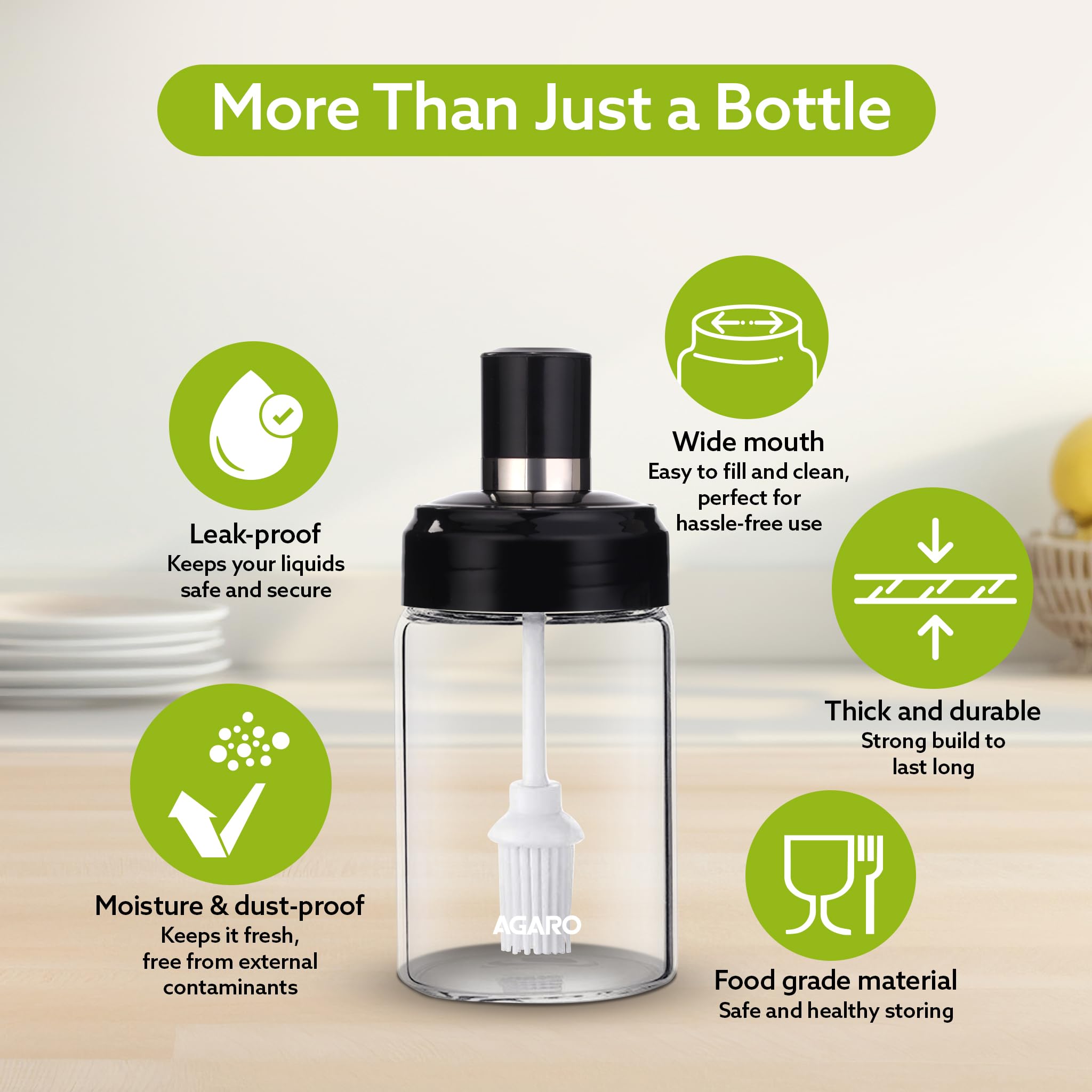 AGARO Elegante botella de aceite de vidrio con cepillo de 250 ml, botella de aceite para cocina, botella de vidrio con cepillo para cocinar, hornear, barbacoa, marinar