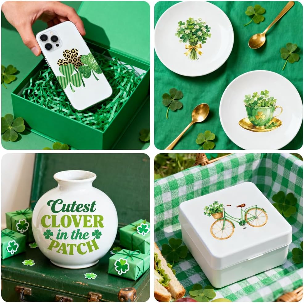 Peacoblue 18 Sheets Rub on Transfers for Crafts, St. Patrick's Day Three Beaf Clover Luck 3.6"x3.9" UV DTF Cup Wraps Waterproof Cold Transfers Stickers for Wood Glass Cup Tumblers Mirrors Mugs Decor