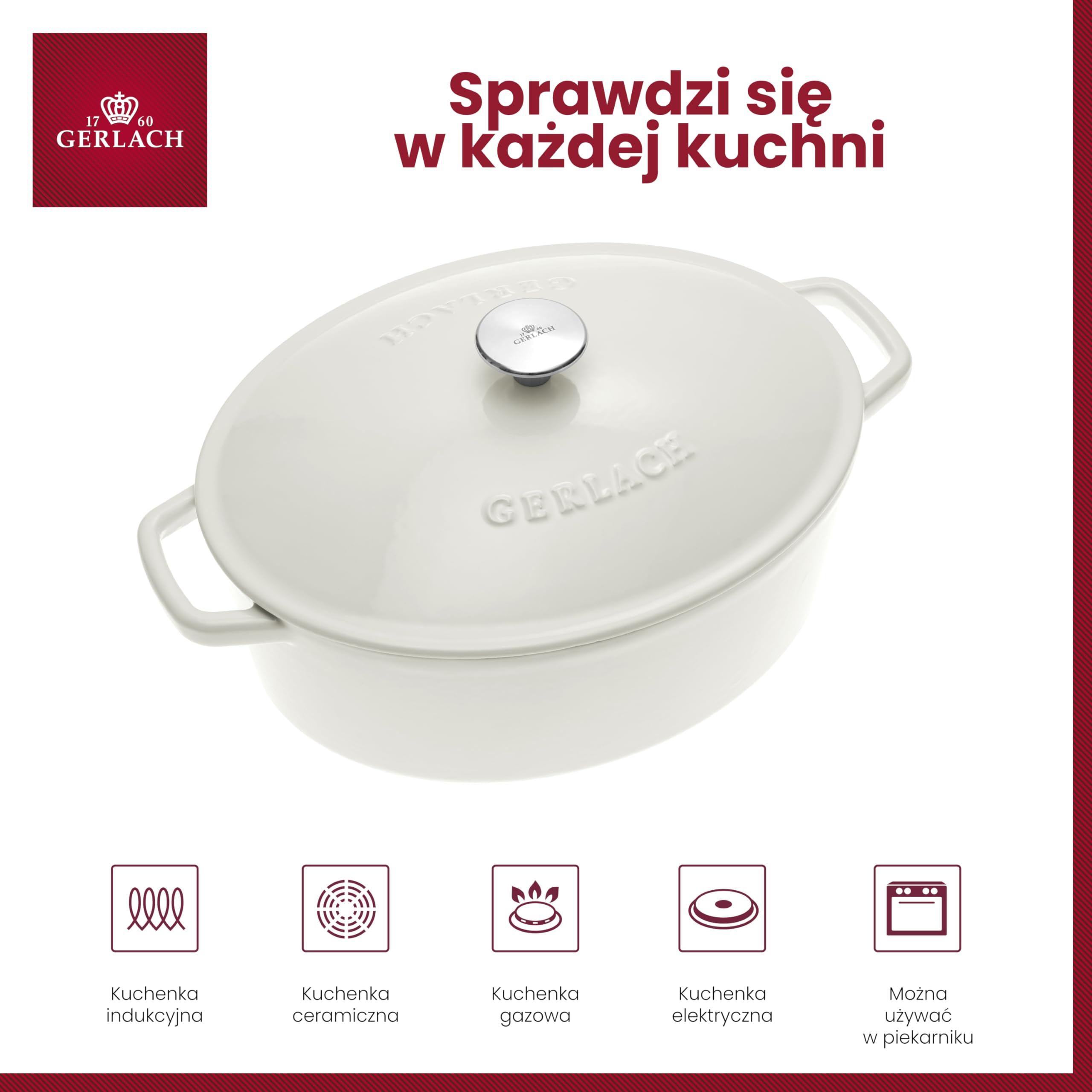 Gerlach Natur Iron Brytfanna Garnek Żeliwny Z Pokrywką Na Indukcję Gas Garnek Emaliowany Garnek do Pieczenia Chleba Biały 31 Cm 5,5 L