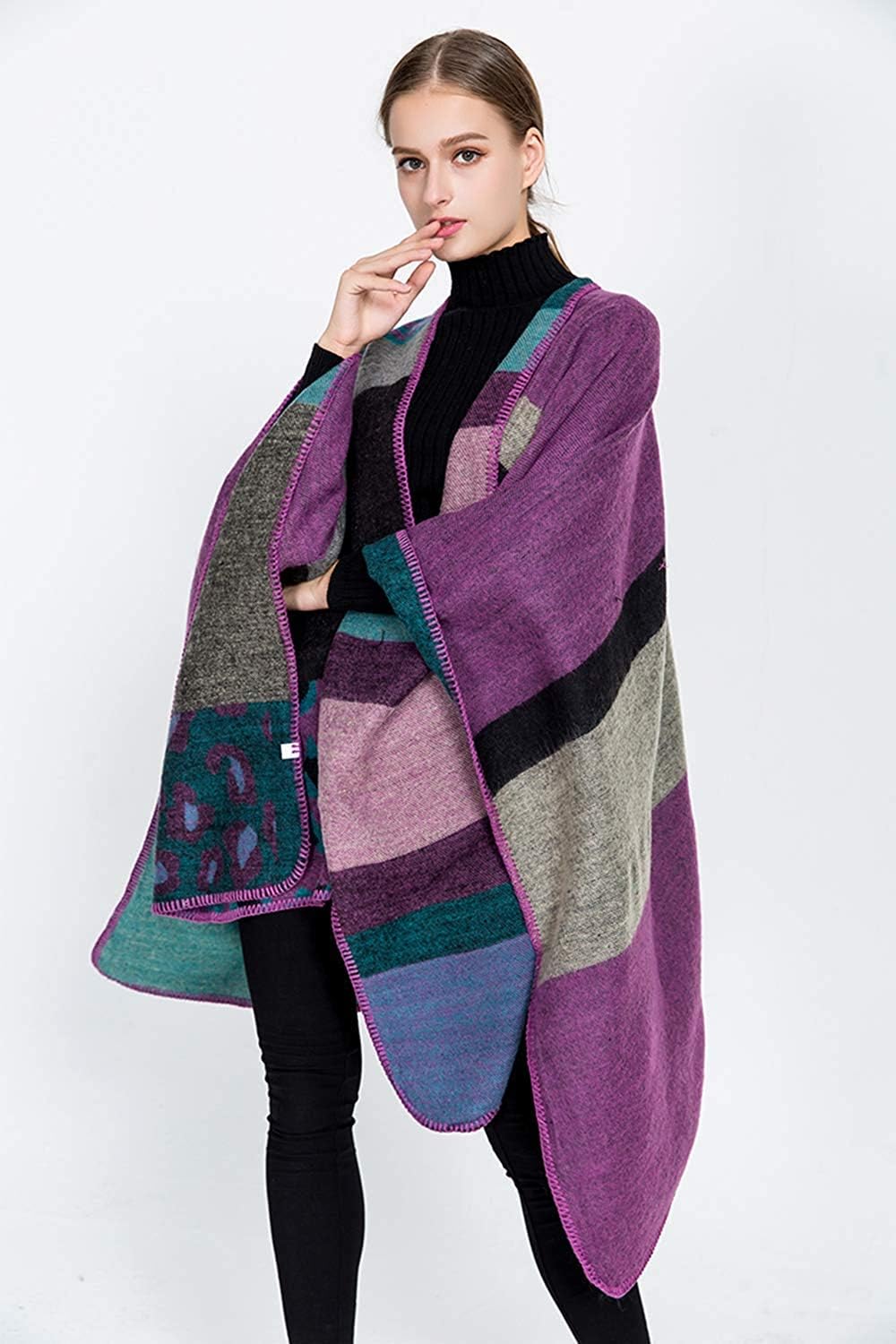 Lncropo Women's Shawls Wraps Winter Open Front Poncho Cape Oversized Cardigan Sweater - Image 3