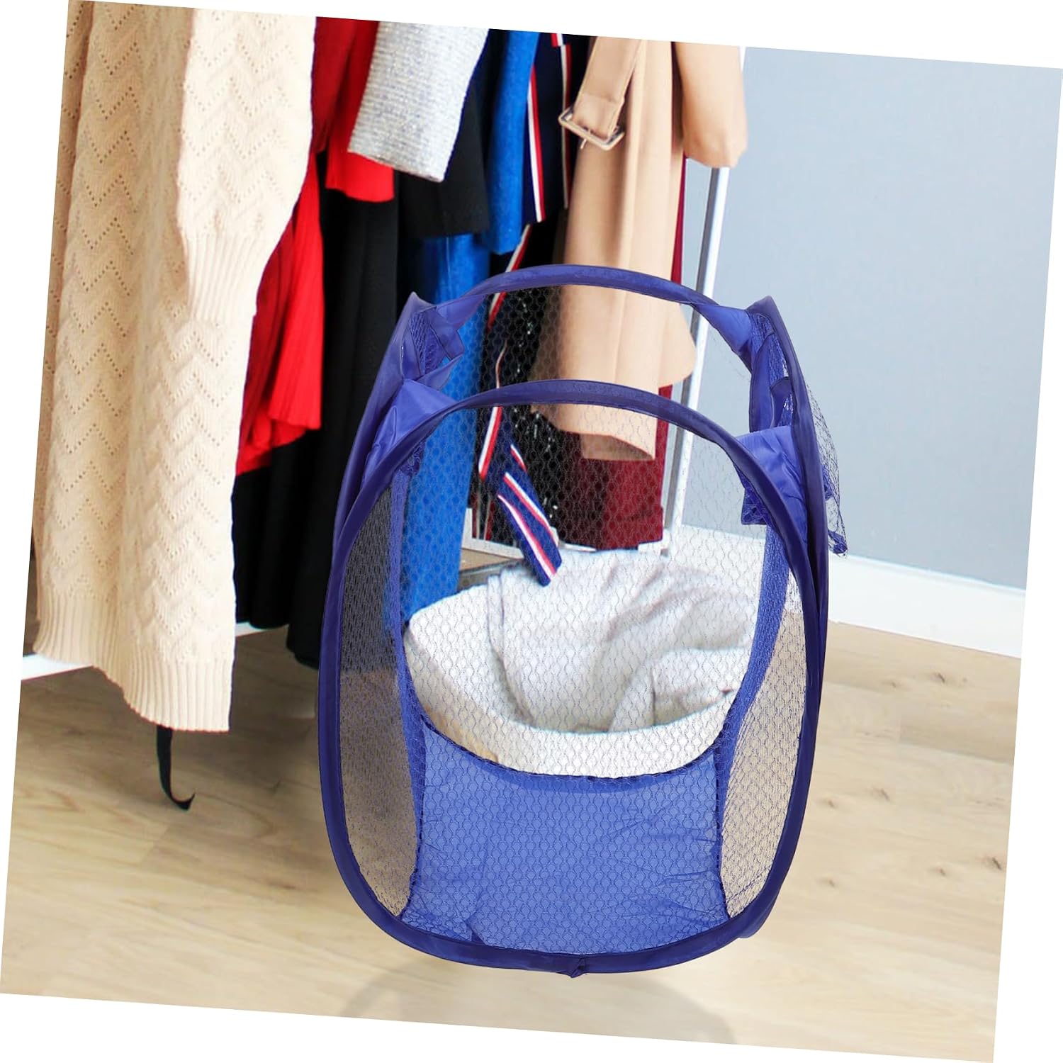MAGICLULU Foldable Mesh Laundry Hamper Pop Up Basket with Side Pocket and Handles Breathable Clothes Storage for College Dorm Small Apartments Camping Blue