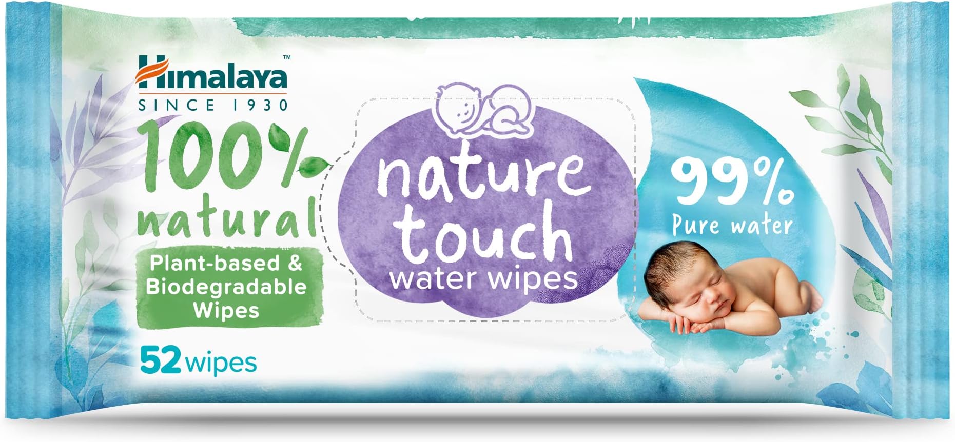 Himalaya Since 1930 Nature Touch Water Baby Wipes, Gentle Care for Sensitive Skin, With 99% Pure Water & Organic Coconut Oil, Alcohol-Free, Pack of 52, Extra Thick and Wide Wipes, White