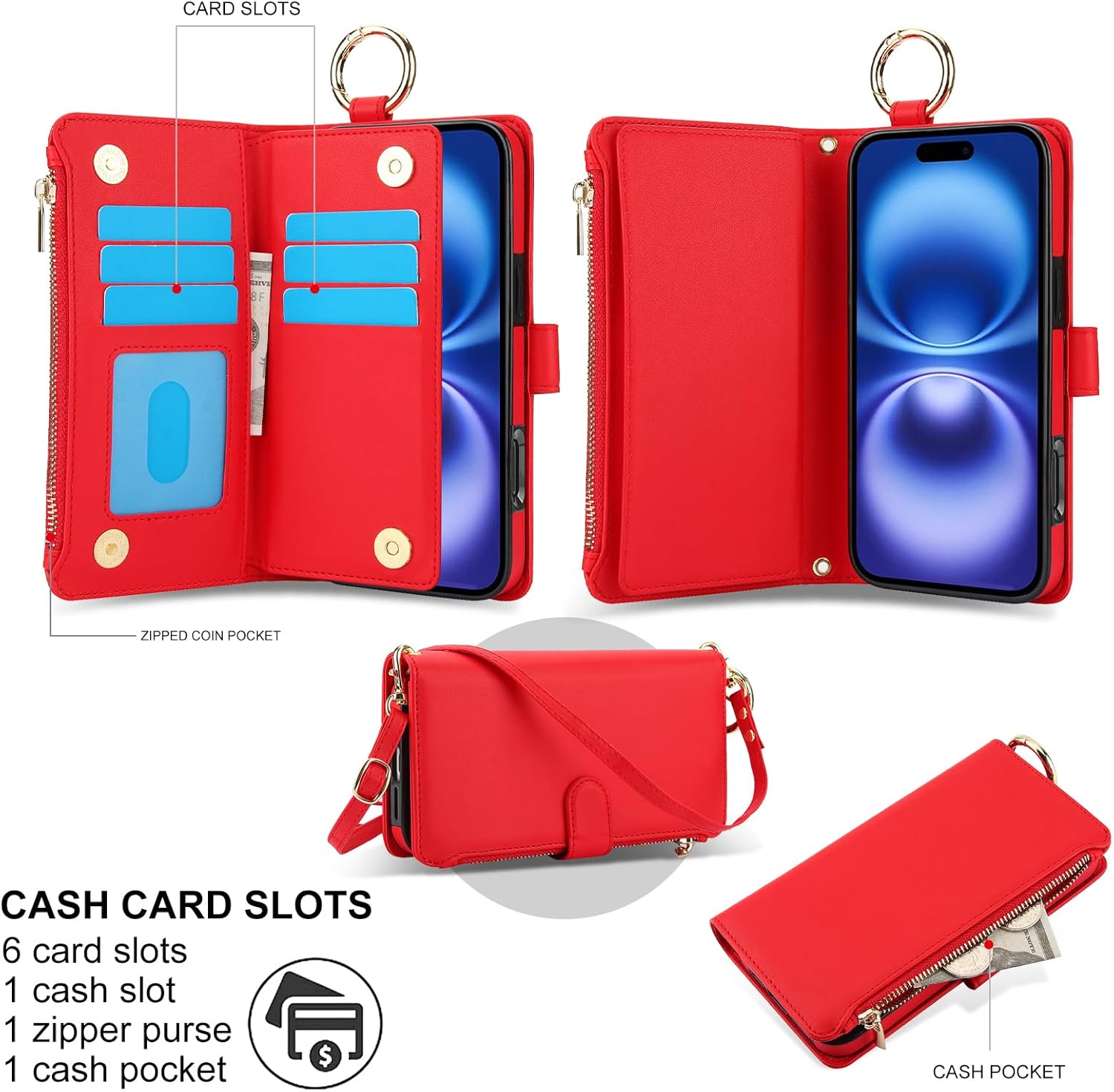 Asuwish Phone Case for iPhone 16 Zipper Wallet with Tempered Glass Screen Protector Crossbody Strap Card Holder RFID Blocking Stand Flip Cell Cover iPhone16 5G i i-Phone i16 16Case Women Girls Red