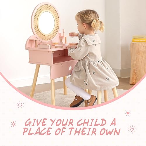 Miniatura 3 de OOOK Juego de mesa y silla para niños, tocador rosa para niñas con 11 accesorios, suficiente para maquillaje real y simulado, tocador para niños de