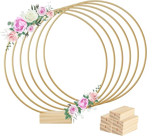 BOUBONI 6 piezas de centro de mesa de aro floral de metal de 12 pulgadas con 6 soportes de madera para mesa de corona de metal soporte para centro