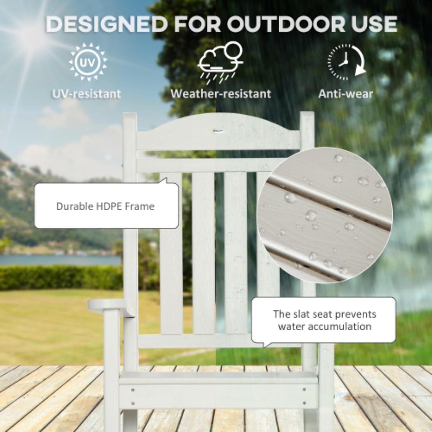 Outdoor Wooden Rocking Chair, Lounge Chair, Rustic High Back, Armrests, Oversized Seat and Slatted Back, Patio Folding Lawn Rocking Chair Set for Garden, Patio, Balcony