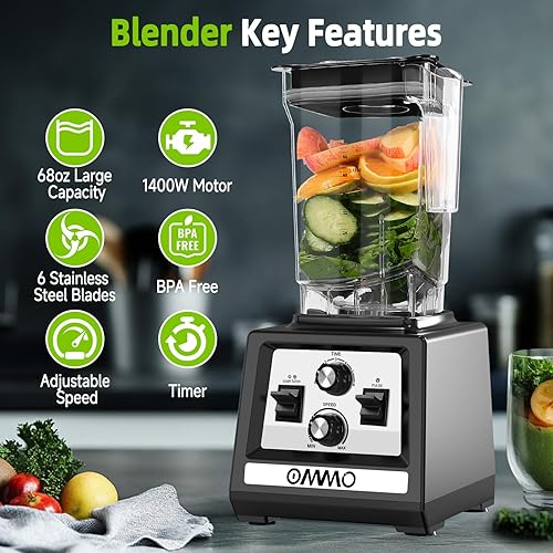 Miniatura 2 de OMMO Blender for Smoothies: 1800W Peak Blenders for Kitchen, 68oz BPA-Free Pitcher, Timer & Speed Control, 6 Stainless Steel Blades, Dishwasher Safe