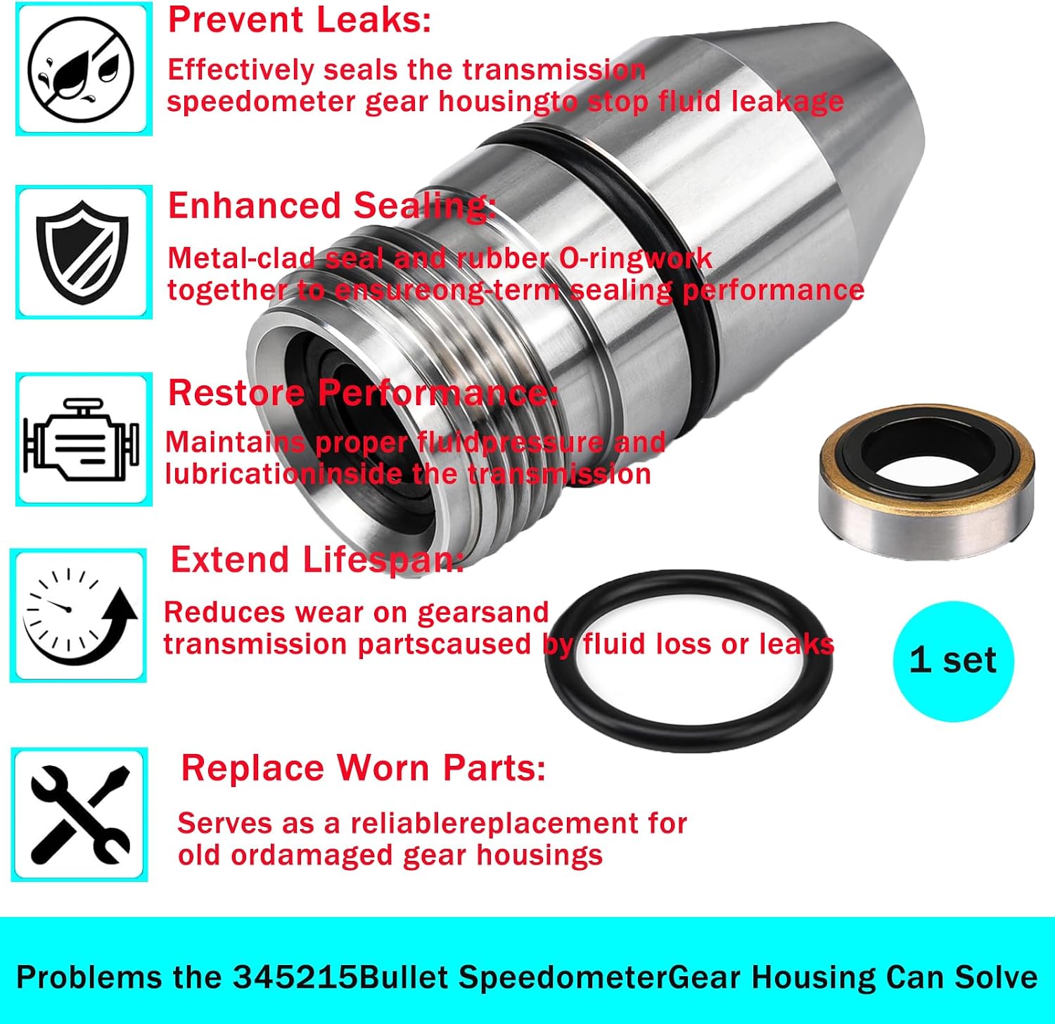Speedometer Gear Seal Kit for Chevrolet TH200, TH250, TH350 ，Includes 345215 Bullet Speedometer Gear Housing with O-Ring and Metal Wrapped Seal to Prevent Leaks (1 Set)