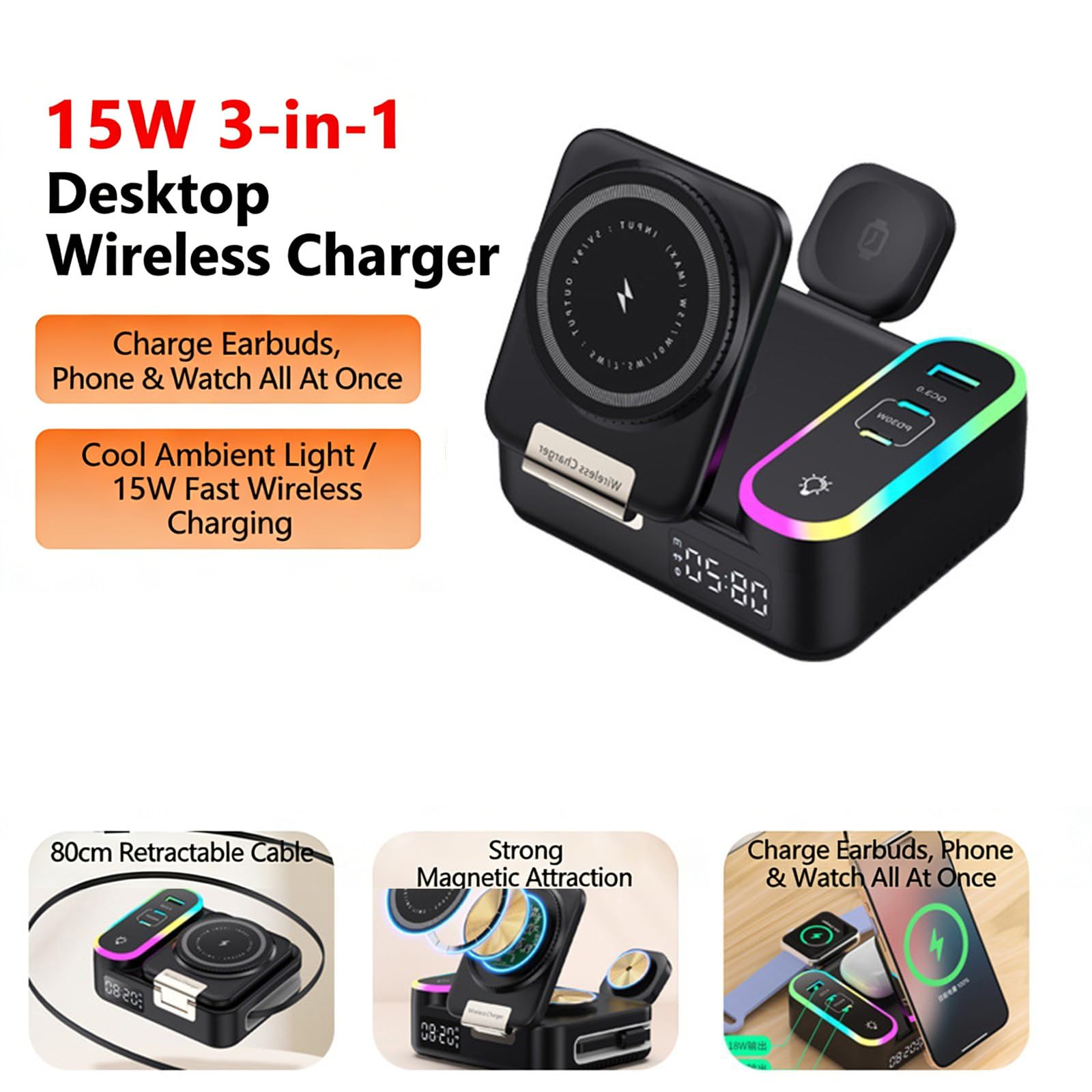 Caricabatterie magnetici con Cavo Retrattile 3 in 1 15W per Smartphone e smartwatch Caricabatterie con Cavo Retrattile