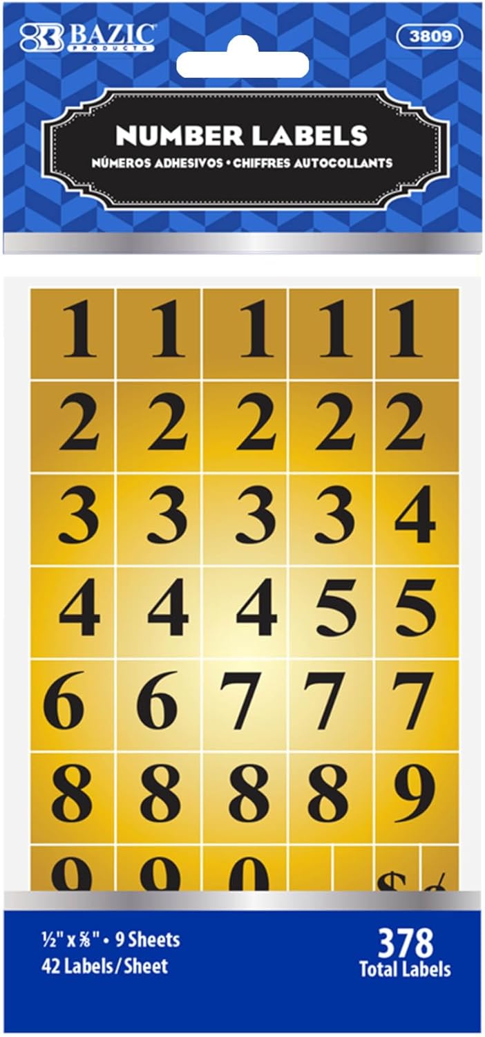 BAZIC Products Gold Foil Number Label, 0 to 9 Numbers Square 1/2" x 5/8" Easy to Peel Custom Sticker, Ideal for Inventory Storage Organizing (378/Pack), 24-Packs