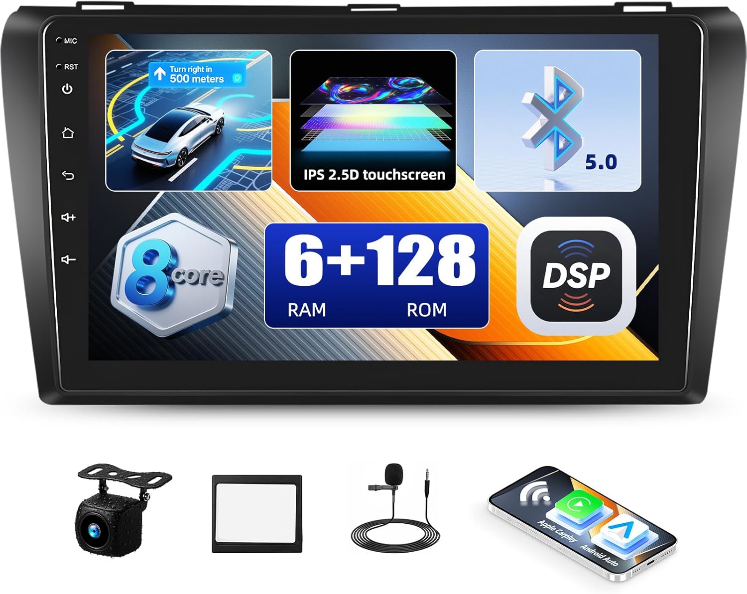 6+128G 8-Core Android Car Radio for Mazda 3 2004-2009, 9" IPS 2.5D Touch Screen Car Stereo with Wireless CarPlay Andriod Auto Bluetooth 5.0 DSP 32EQ GPS SWC WiFi FM Backup Camera