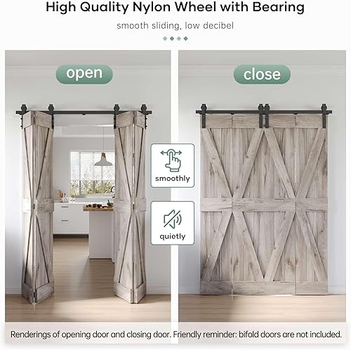 Miniatura 3 de Roymelo Kit de riel de herrajes para puerta corrediza de granero plegable de 70 pulgadas, rodillo negro montado lateral, suave y silencioso, fácil
