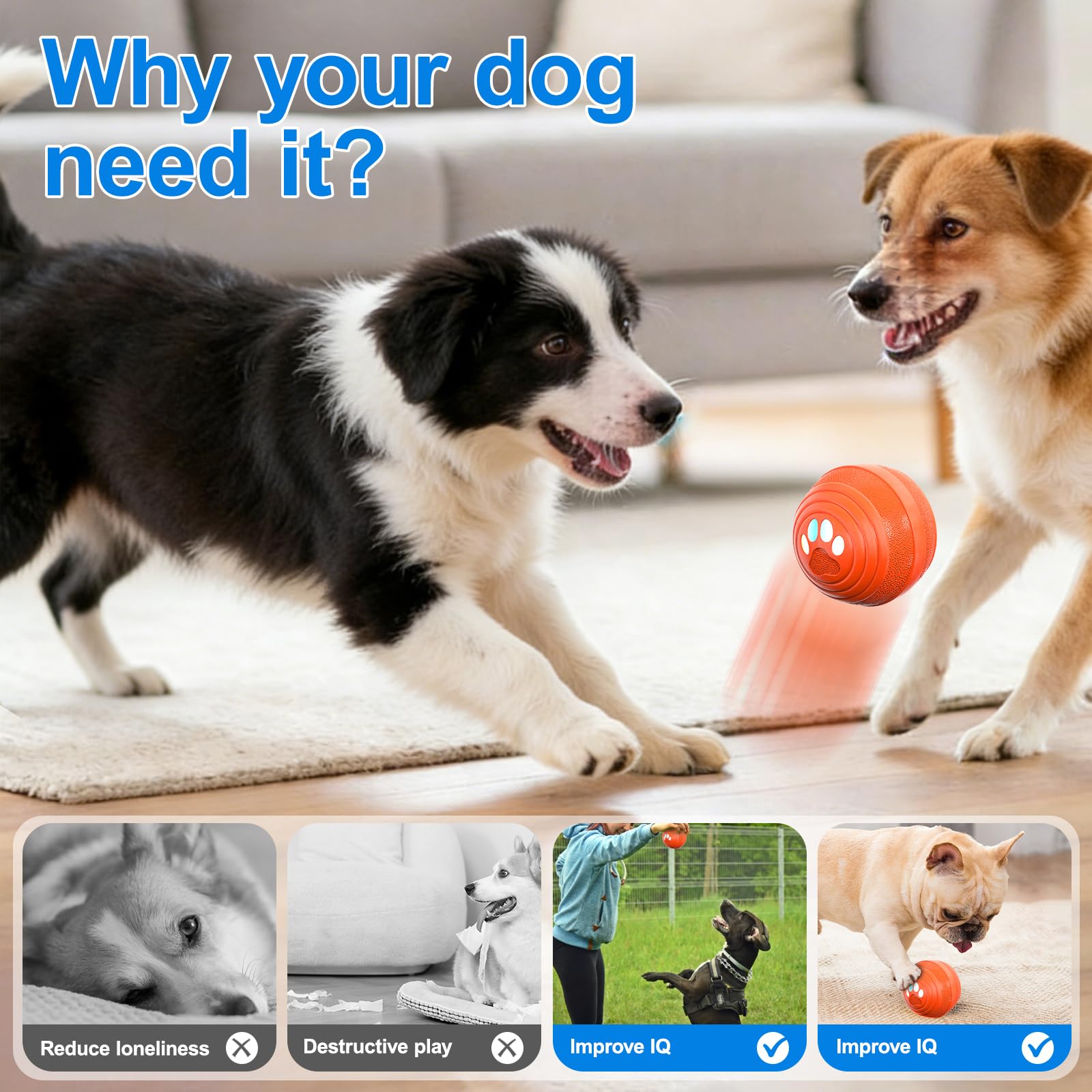 Pelota de Perro Interactivo Inteligente Juguetes para Perros con Material E-TPU Indestructible, 3 Modos para Cachorros, pequeños, medianos Perros automoving Dog Bola de Recarga rápida