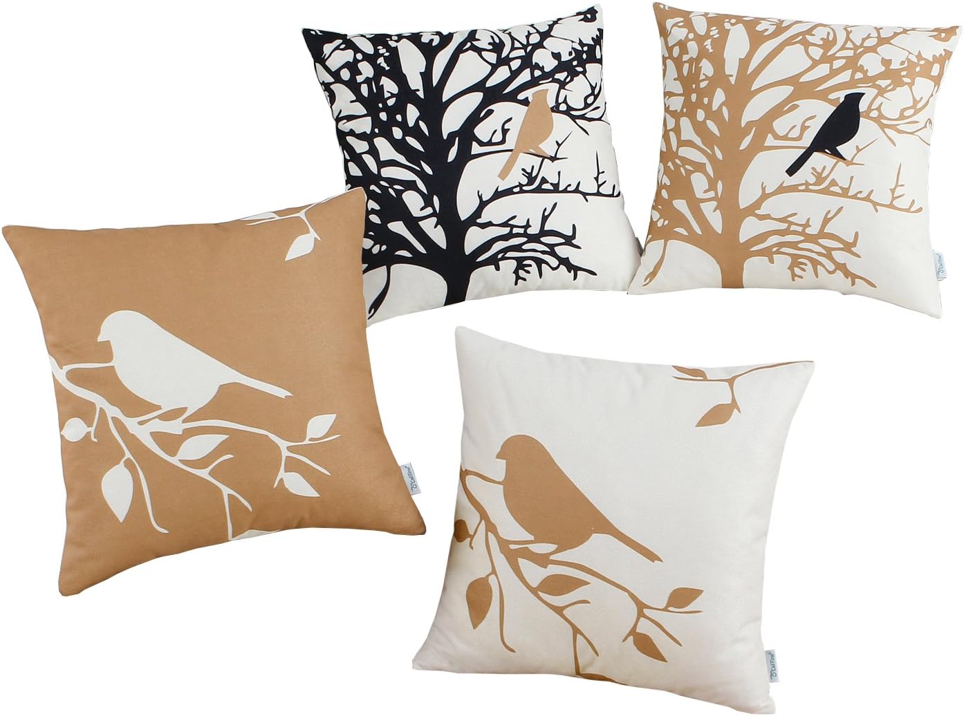 CaliTime Set of 4 Canvas Throw Pillow Covers Cases for Couch Sofa Home Decoration Vintage Birds Tree Branches Silhouette 18 X 18 Inches Black/Sugar Brown